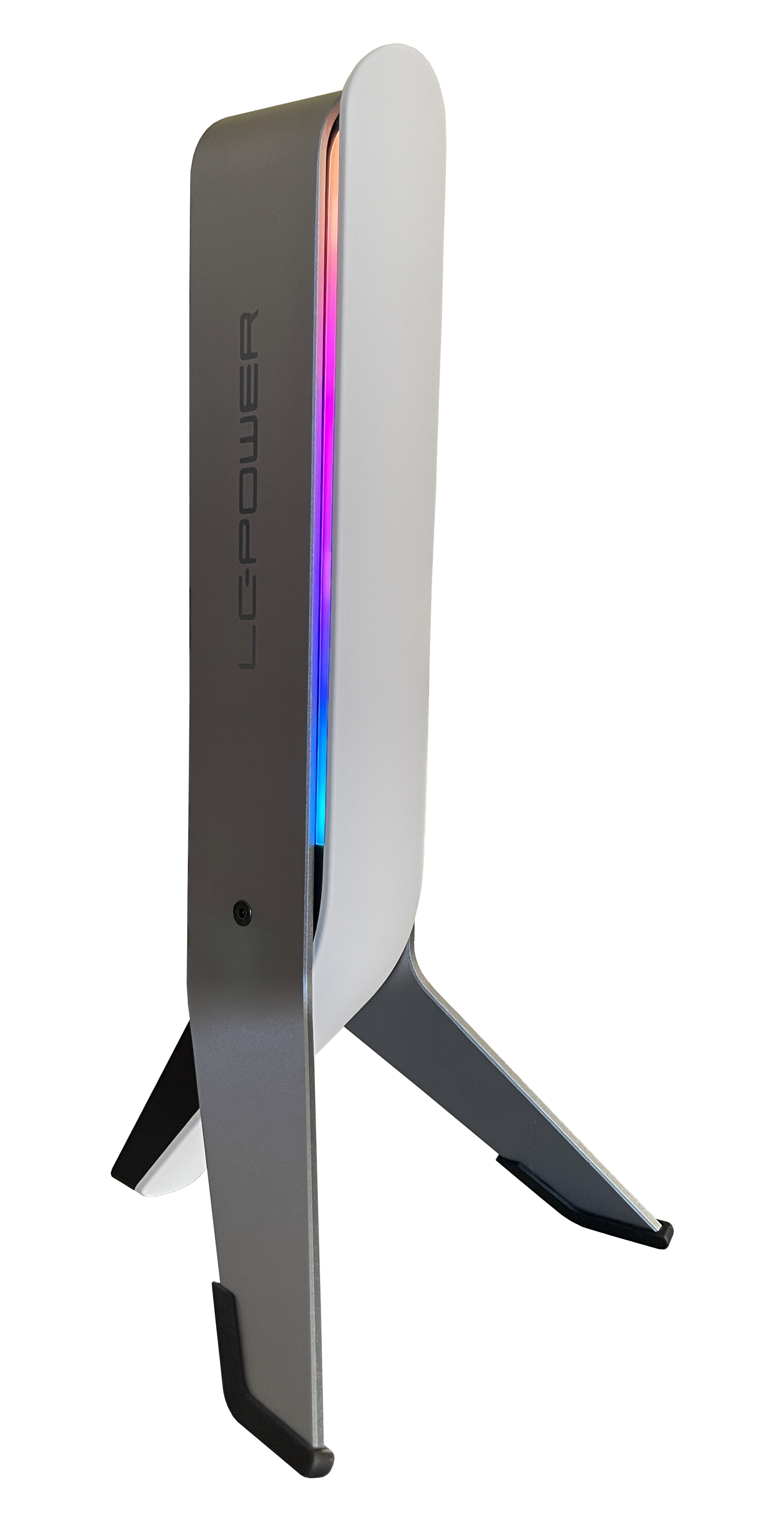 Ein Computermonitor mit grauem Rahmen und weißer Rückseite. Die Seite zeigt Regenbogenlichter.