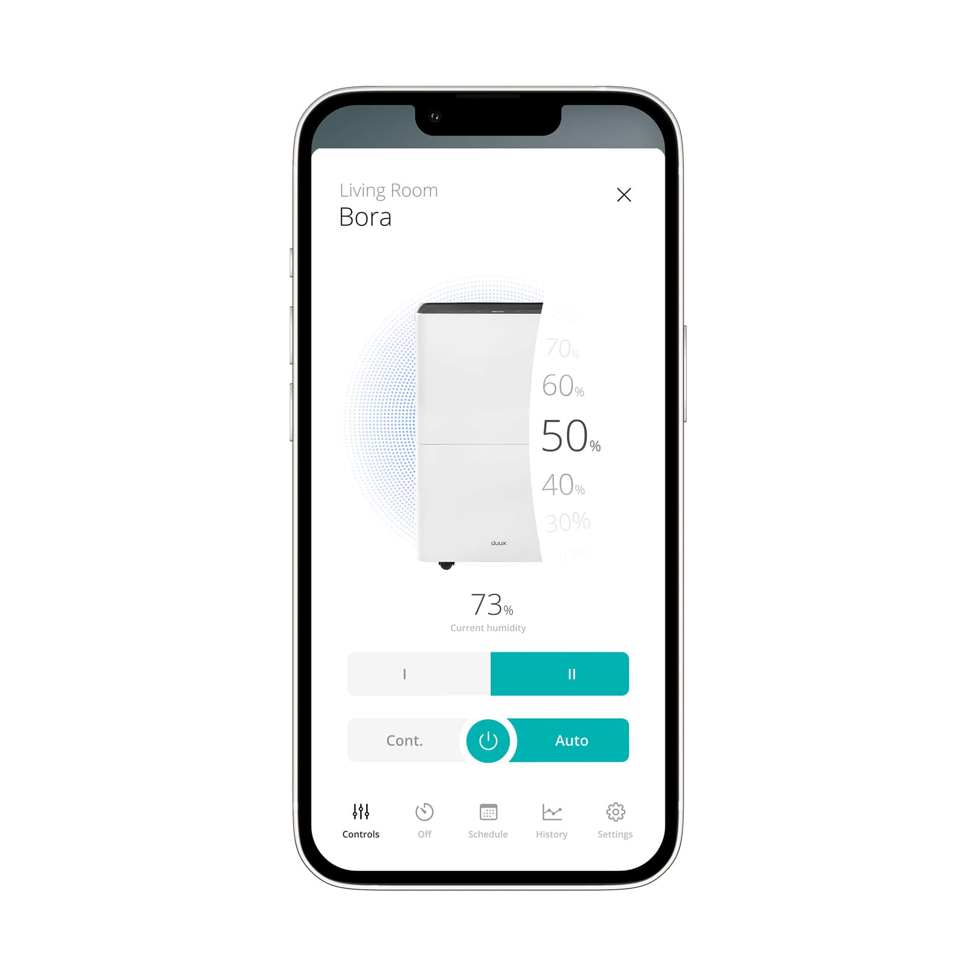 Een smartphonescherm met een smart home app. Het toont vochtigheidsniveaus en bedieningselementen.