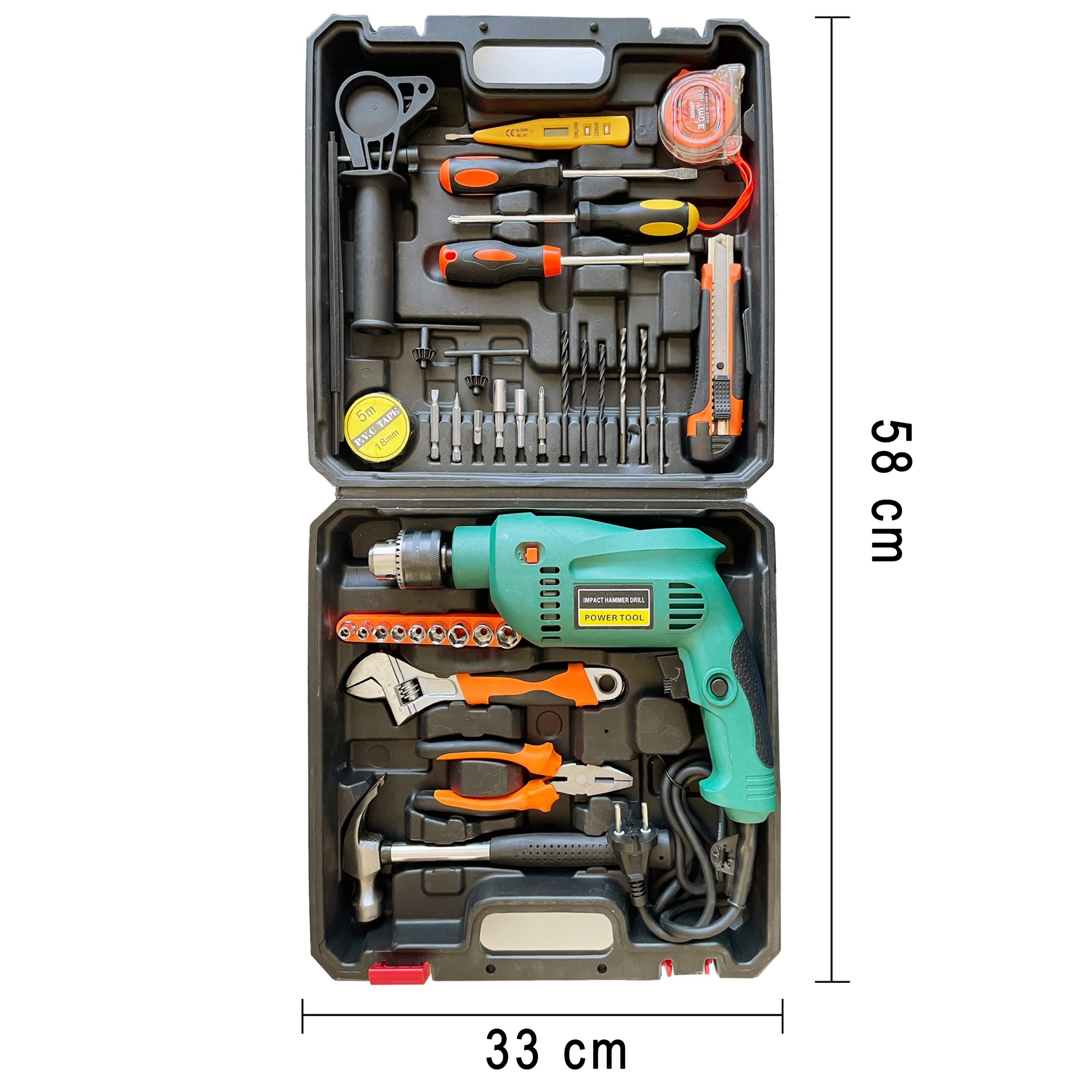 Eine offene Werkzeugkiste mit verschiedenen Werkzeugen, einschließlich Bohrmaschine und Hammer.