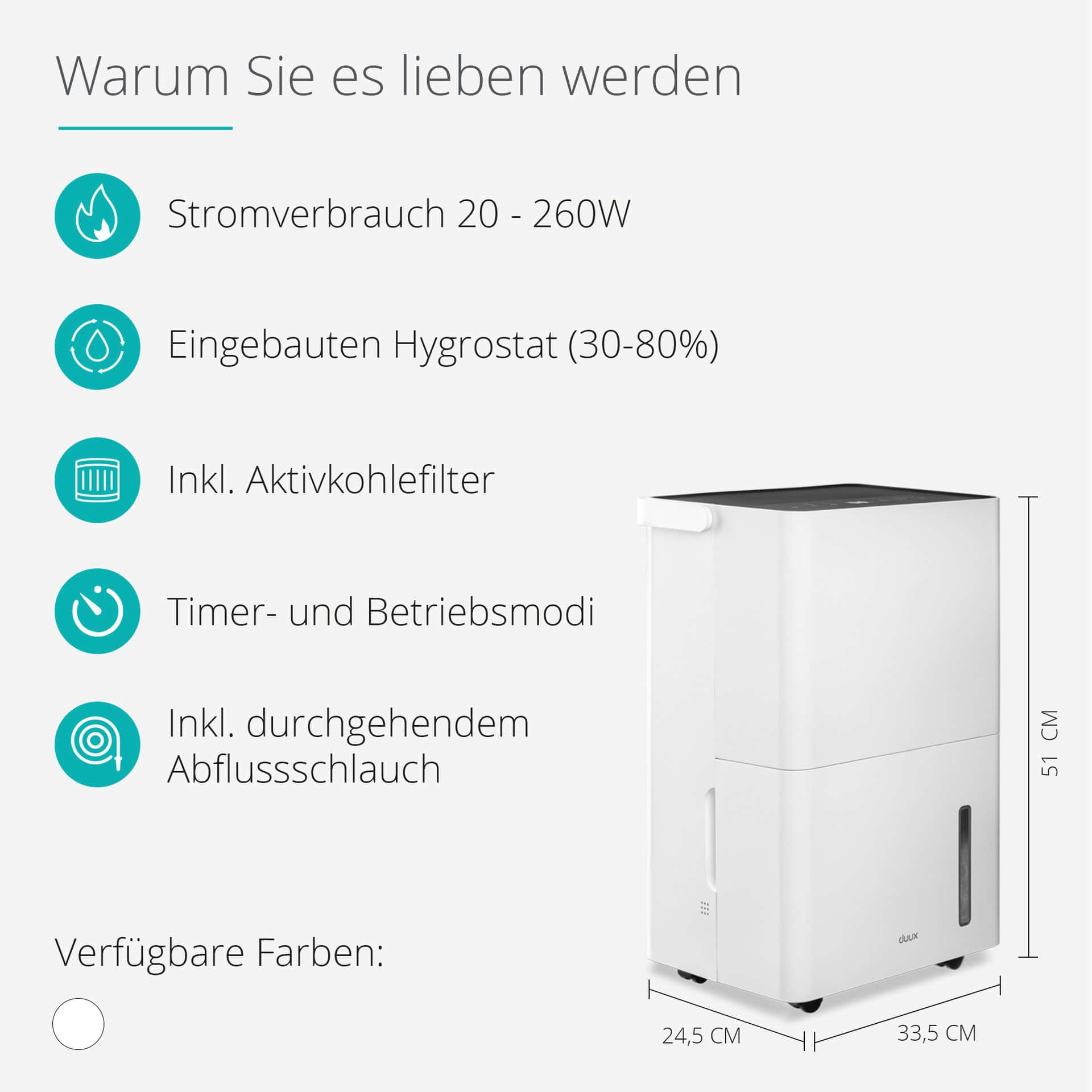 Ein weißer und schwarzer Luftentfeuchter. Das Bild zeigt Produktspezifikationen.