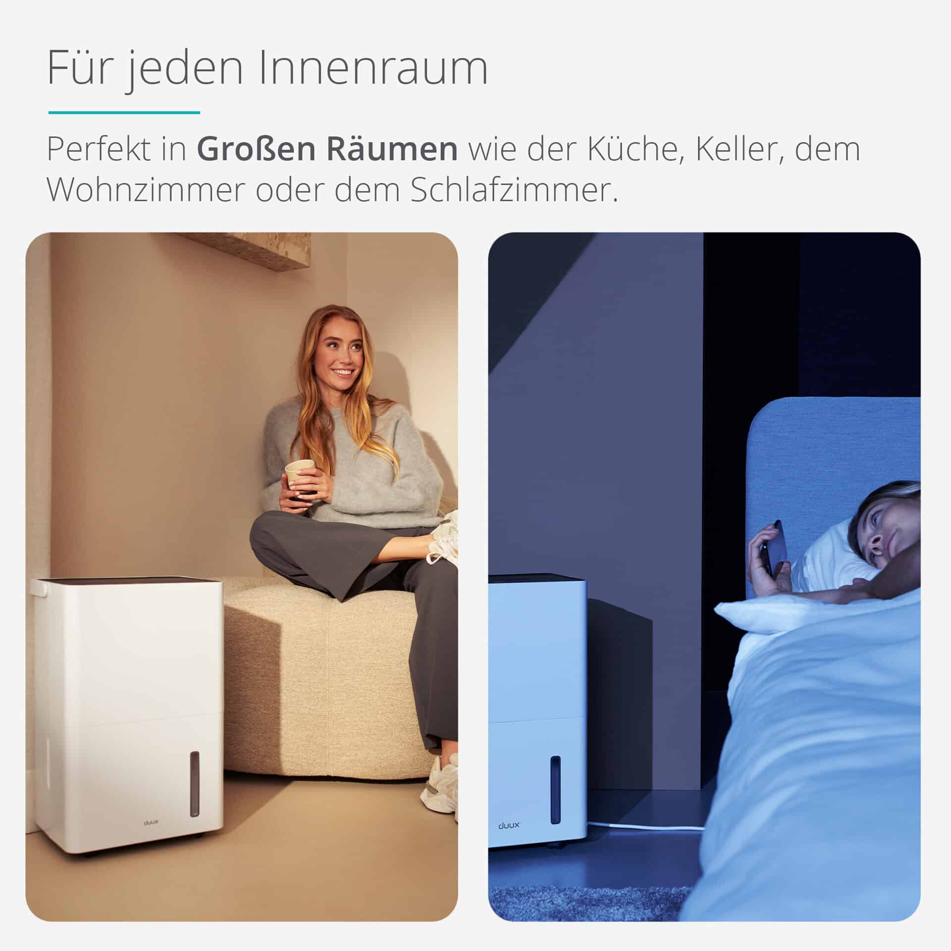 Zwei Bilder zeigen einen weißen Luftreiniger in verschiedenen Umgebungen, das rechte in einem Schlafzimmer.