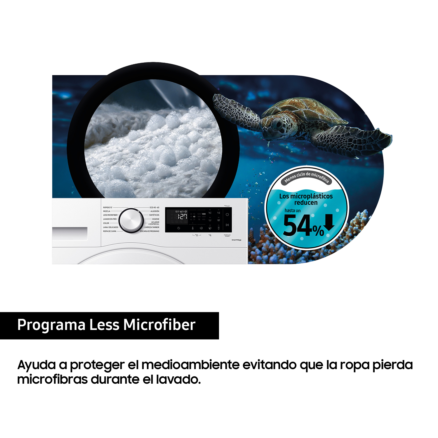 Pralka z tekstem, zbliżeniem bąbelków i obrazem żółwia morskiego.