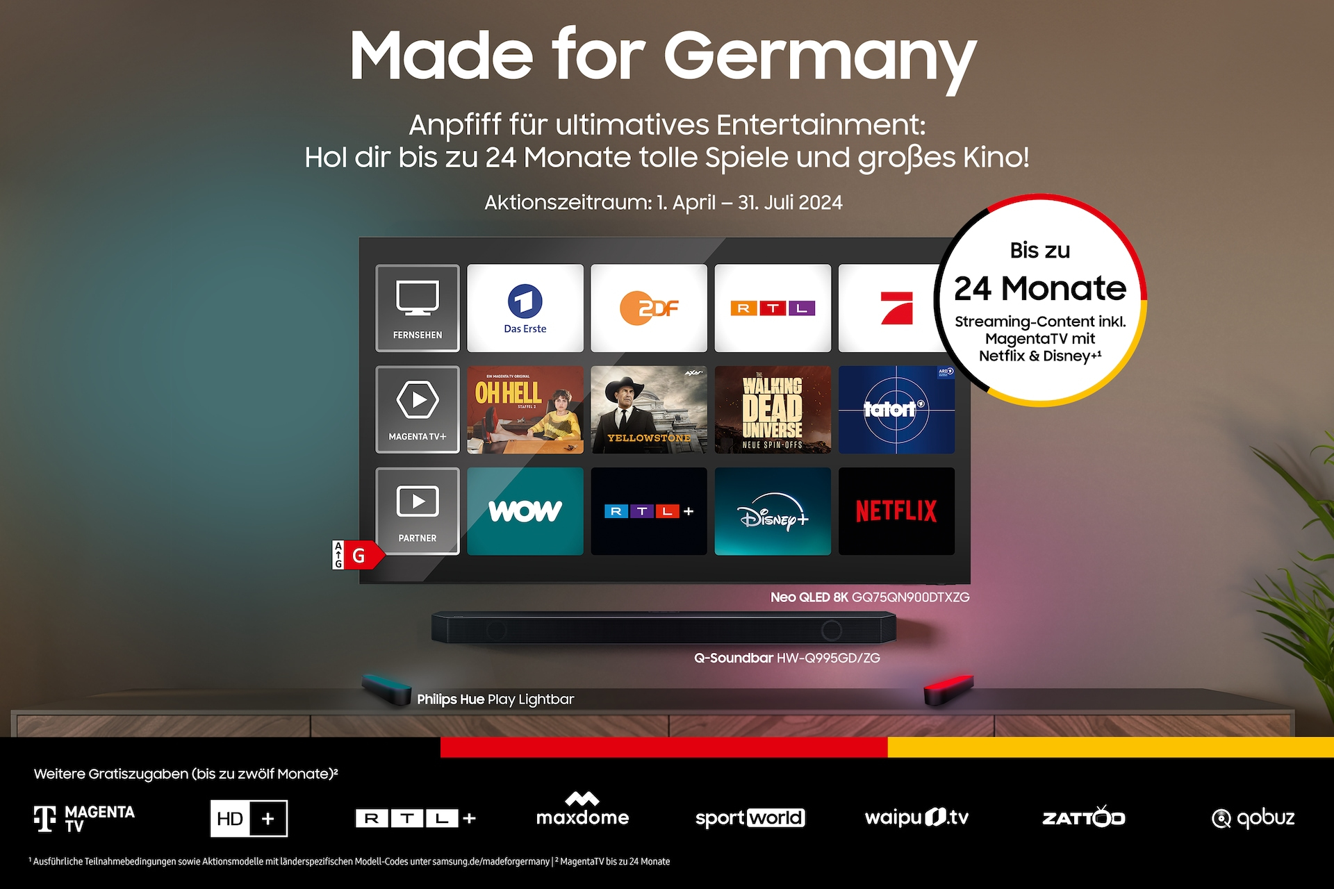 Ekran TV z logo kanałów TV, soundbarem i tekstem promocyjnym.