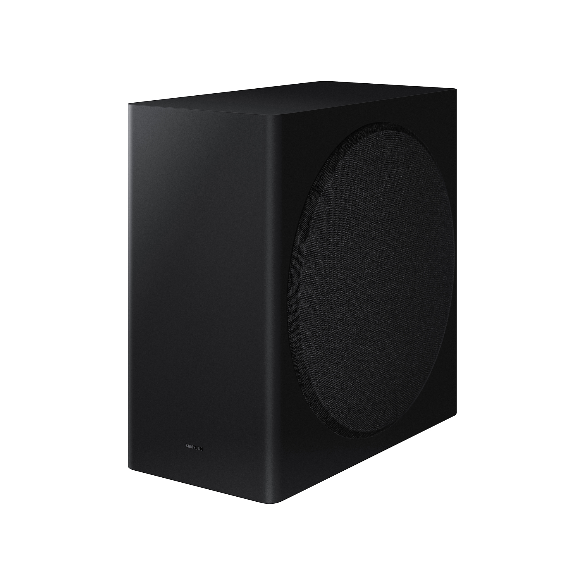 Ein schwarzer Samsung Subwoofer. Er hat einen abgerundeten Lautsprecher an der Vorderseite und ist kastenförmig.