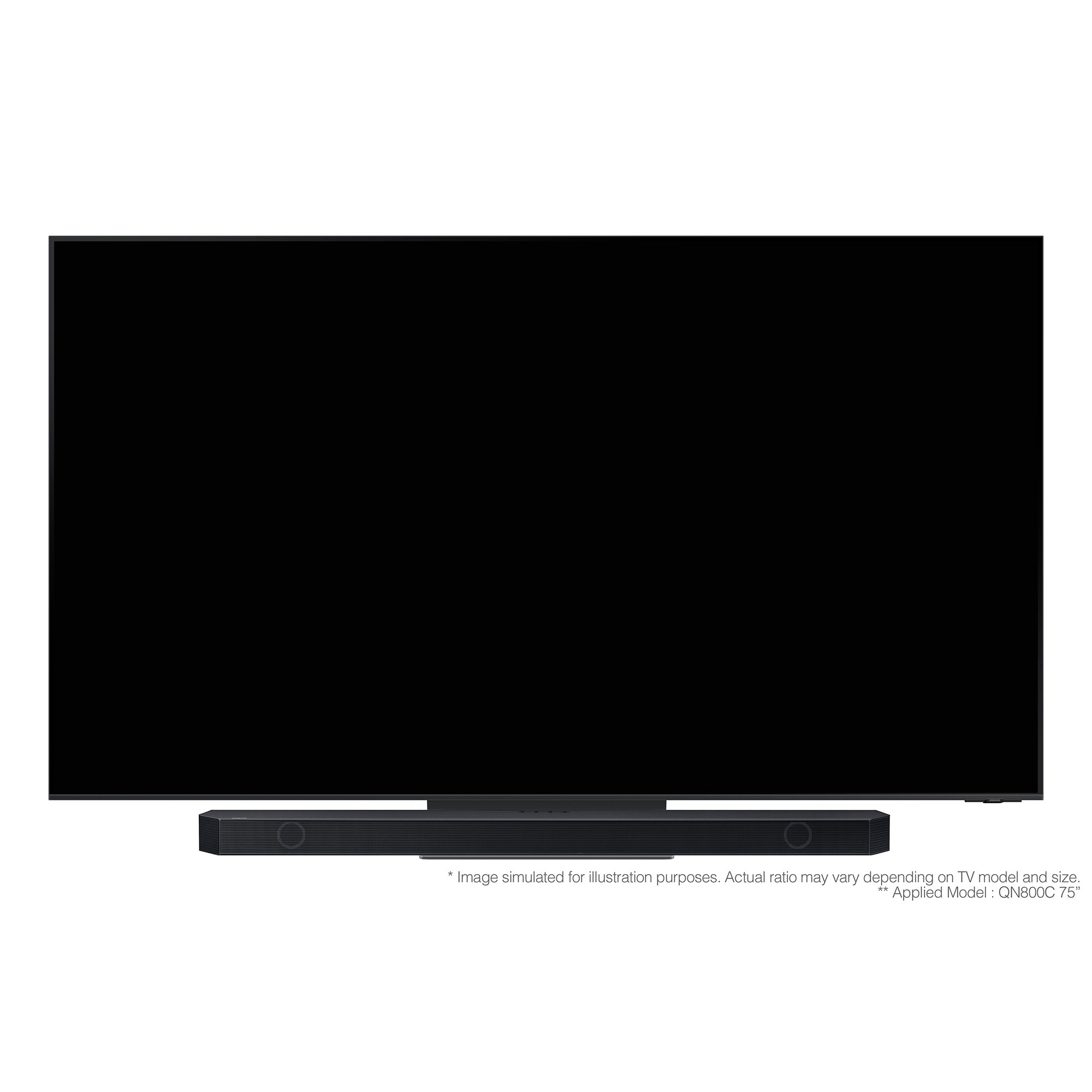 Großer schwarzer Fernsehbildschirm, montiert über einer Soundbar auf weißem Hintergrund.