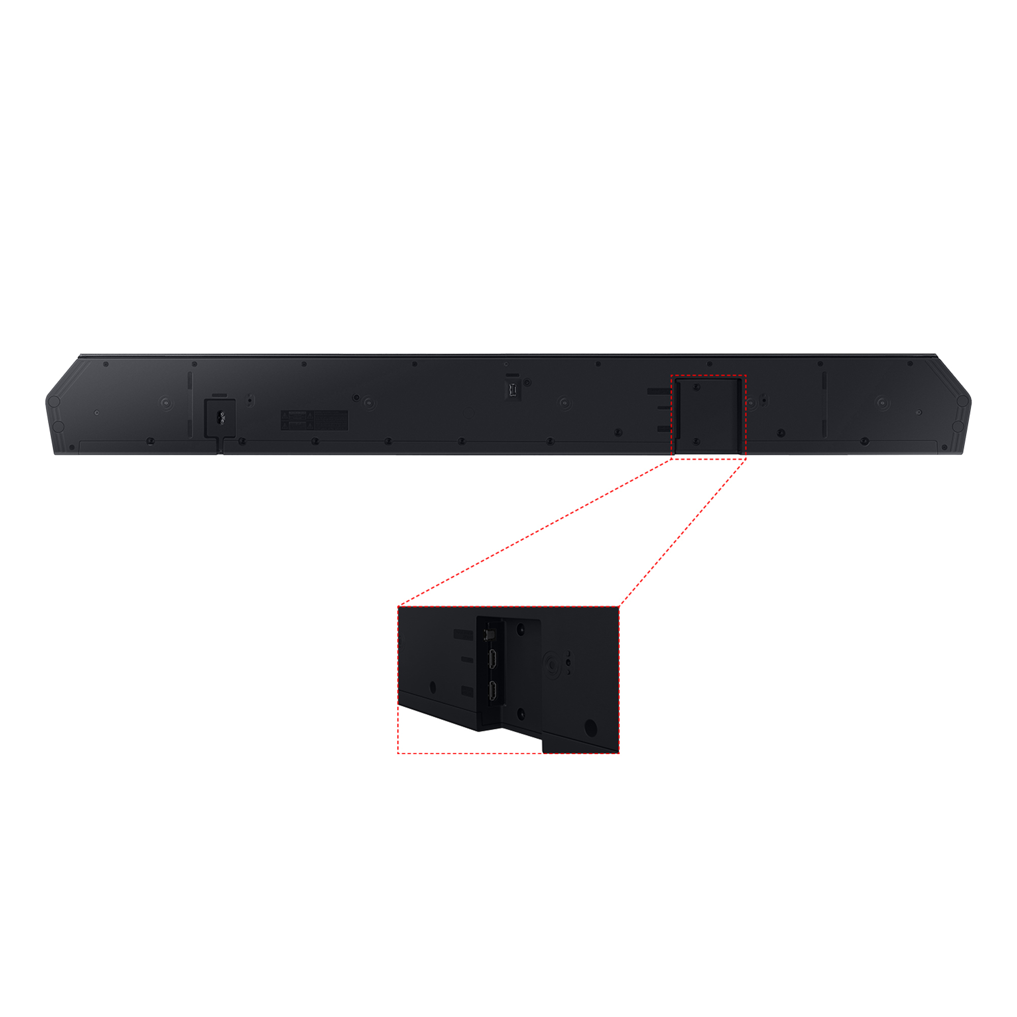 Eine schwarze Soundbar, mit Nahaufnahme der Rückseite mit HDMI- und Stromanschlüssen.