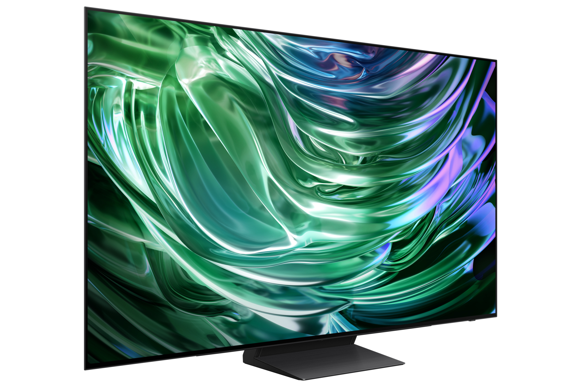 Ein großer, moderner Fernsehbildschirm mit einem wirbelnden, abstrakten grün-weißen Design.