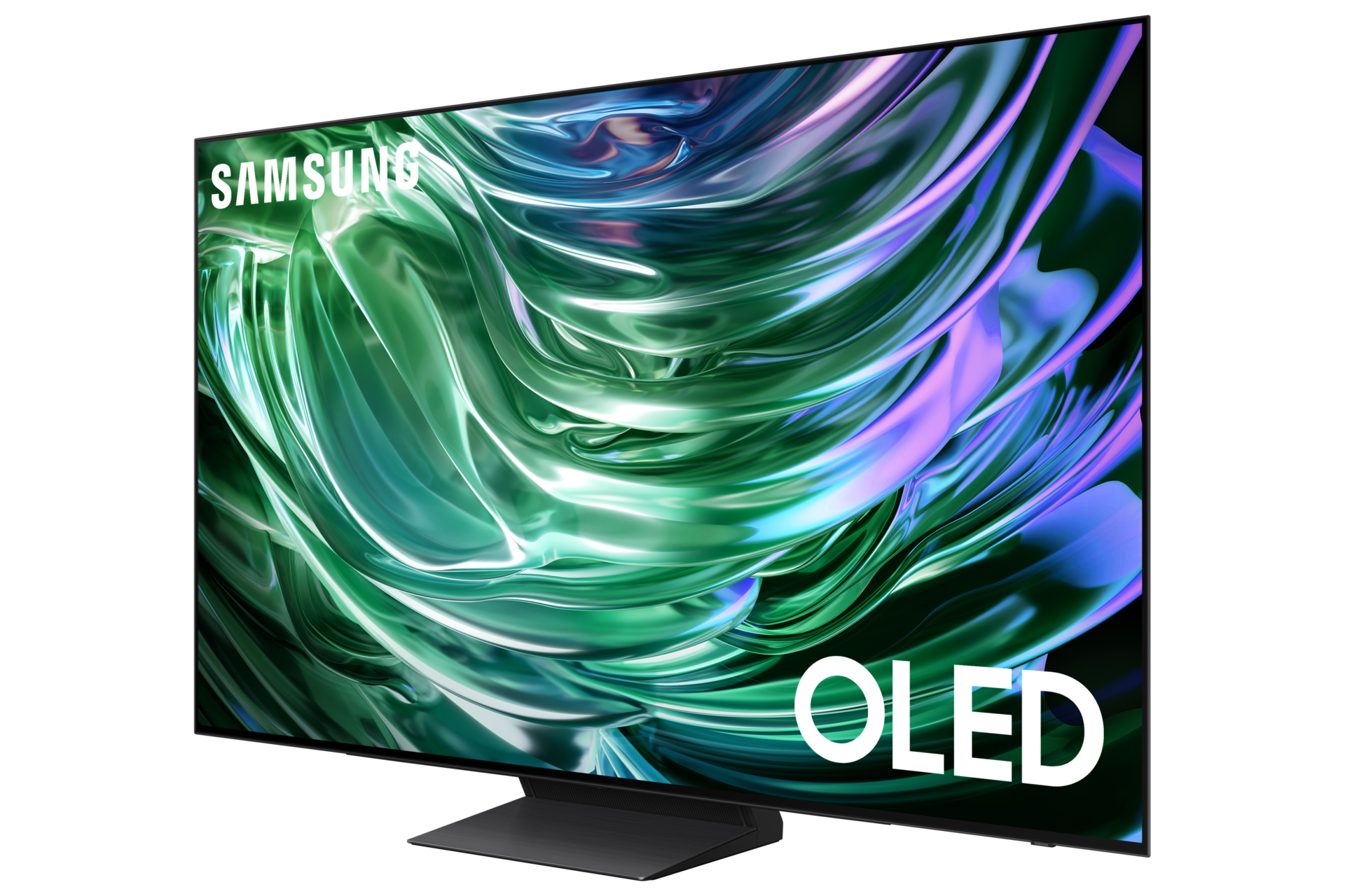 Großer Samsung OLED-Fernseher. Der Bildschirm zeigt ein grünes und lila abstraktes Design.