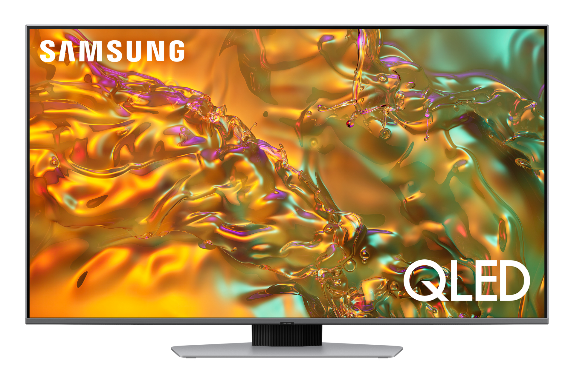 Telewizor Samsung QLED. Ekran wyświetla kolorowy, abstrakcyjny wzór cieczy. Telewizor ma srebrną podstawę.