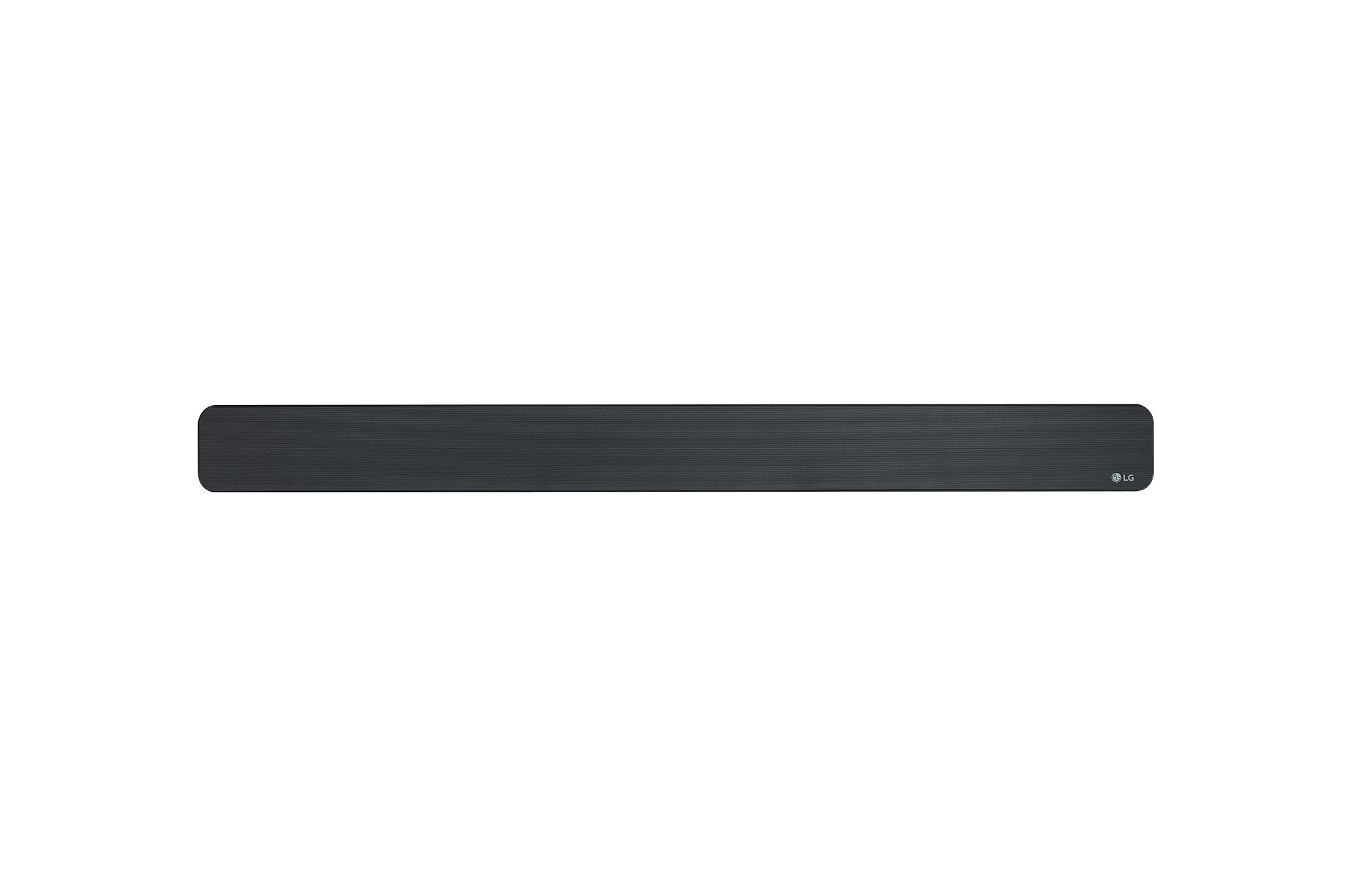 Schwarze, lange, rechteckige Soundbar auf weißem Hintergrund.