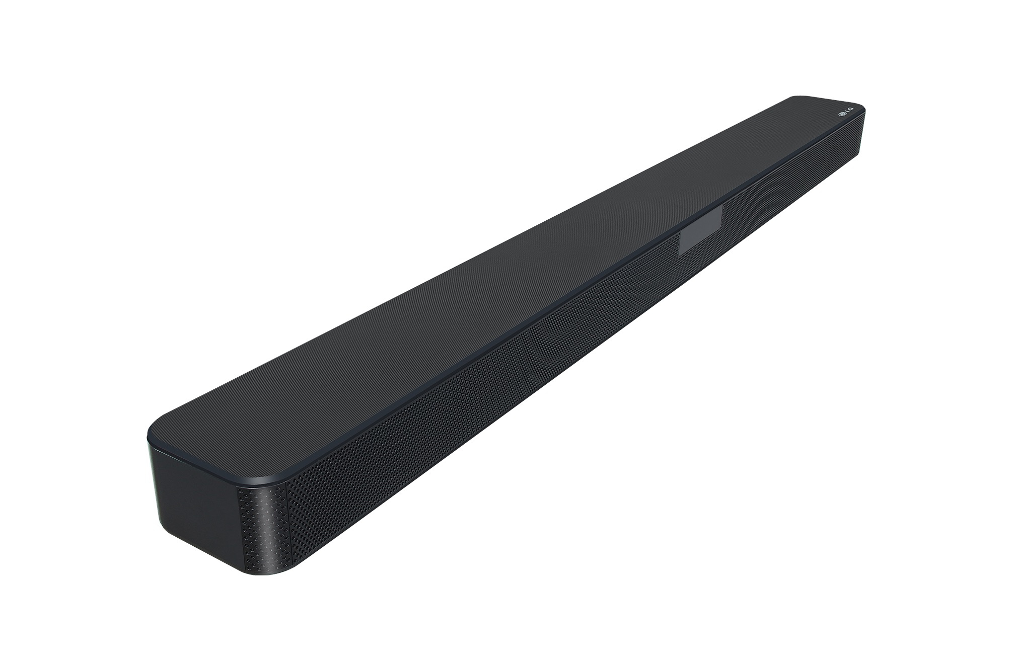 Ein schwarzer Soundbar-Lautsprecher mit Mesh-Front, platziert auf einer weißen Oberfläche.