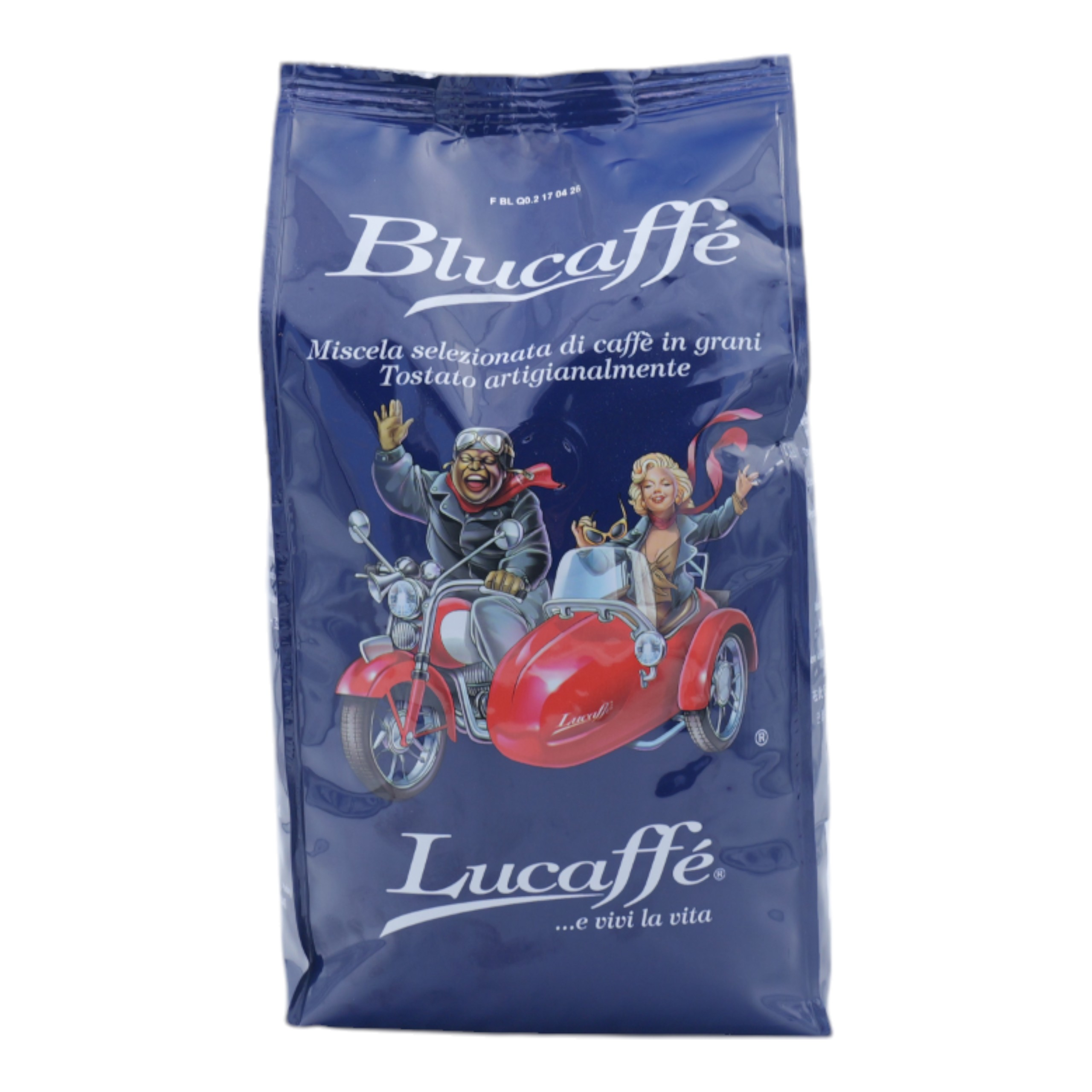 Blaue Kaffeetüte mit einer Grafik eines Motorrads. Die Tüte trägt den Markennamen Blucaffe.
