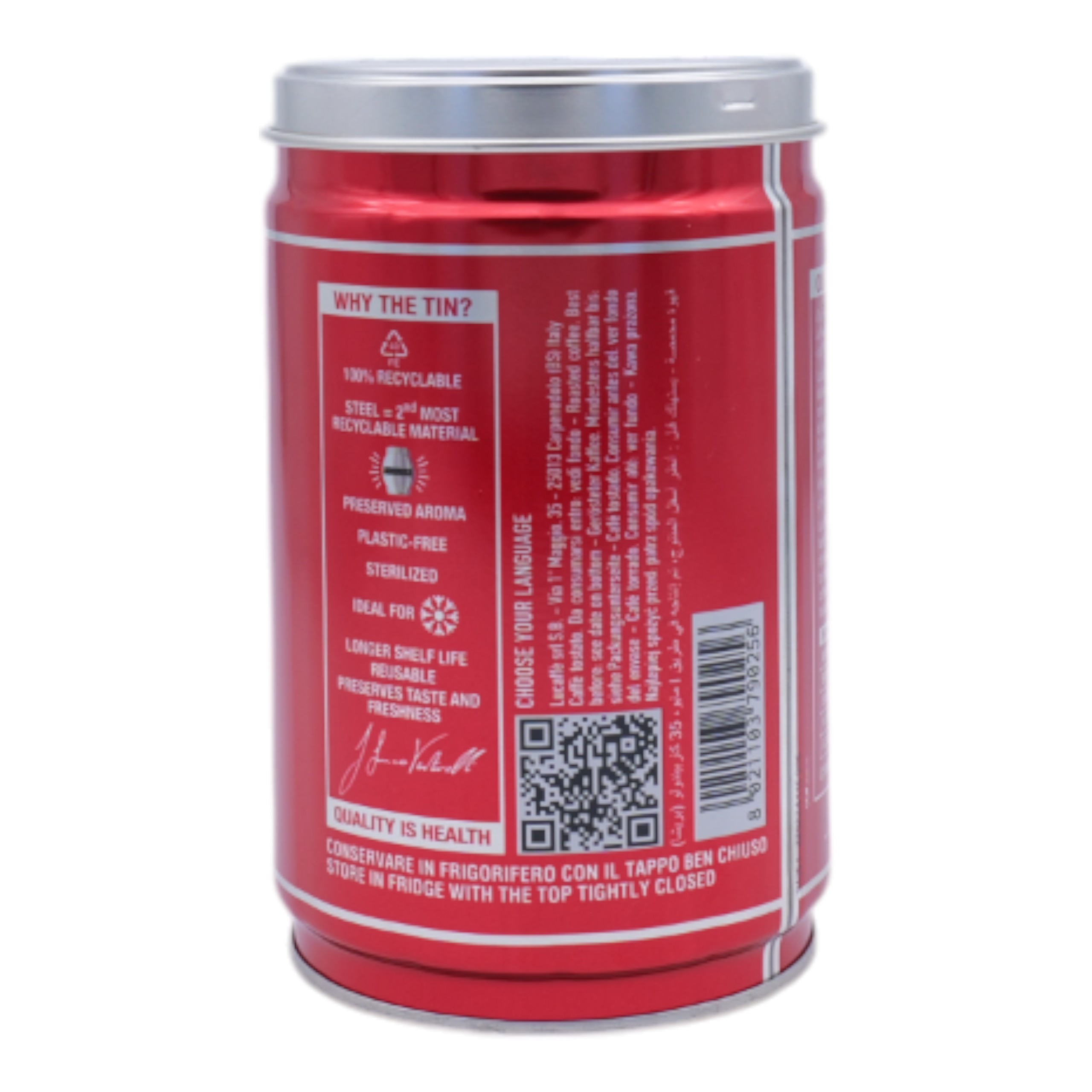Lattina di caffè rossa con testo. Sfondo bianco.