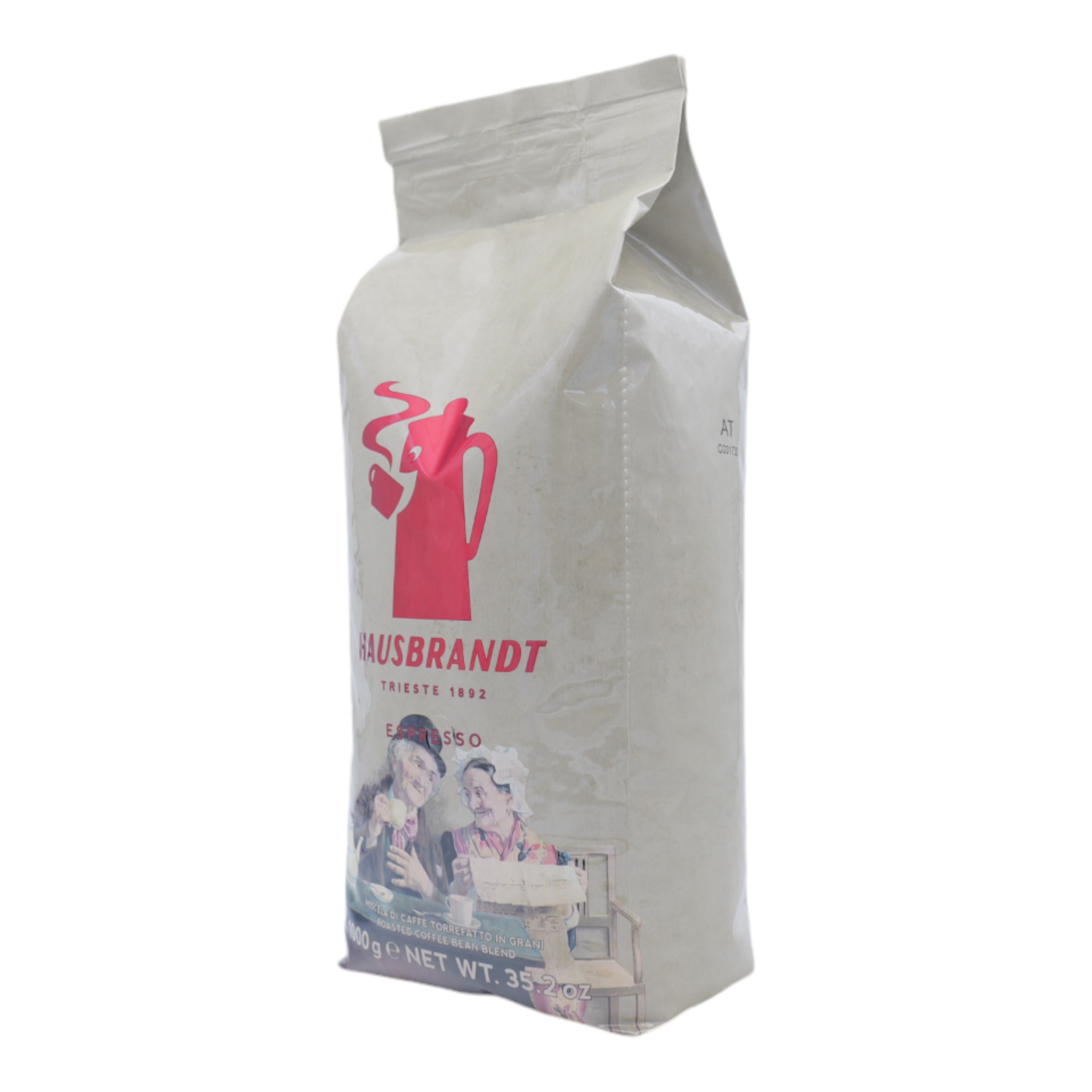 Sacchetto di caffè con testo italiano e grafica di un bollitore rosso.