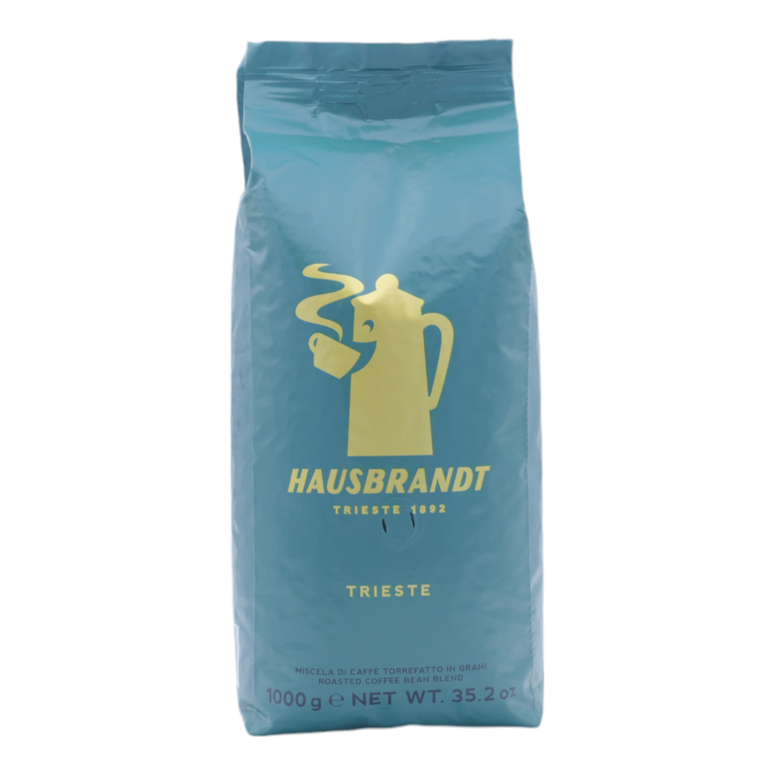 Eine blaue Tüte mit Hausbrandt-Kaffee. Die Tüte hat ein goldenes Logo und Text.