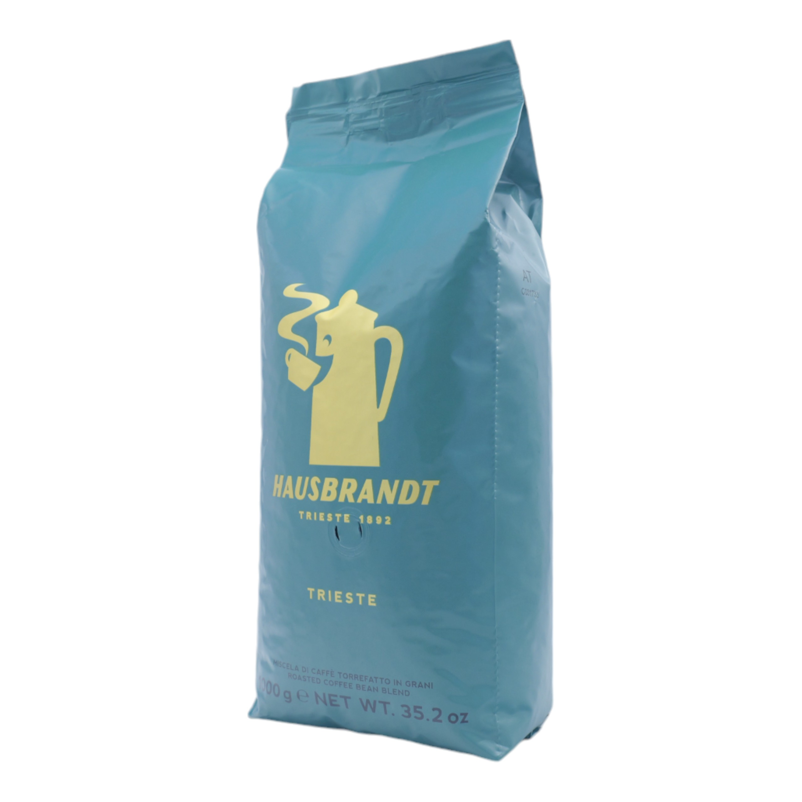 Kaffeepackung. Blaue Verpackung mit gelbem Logo. Text auf der Tüte lautet 'Hausbrandt Trieste'.