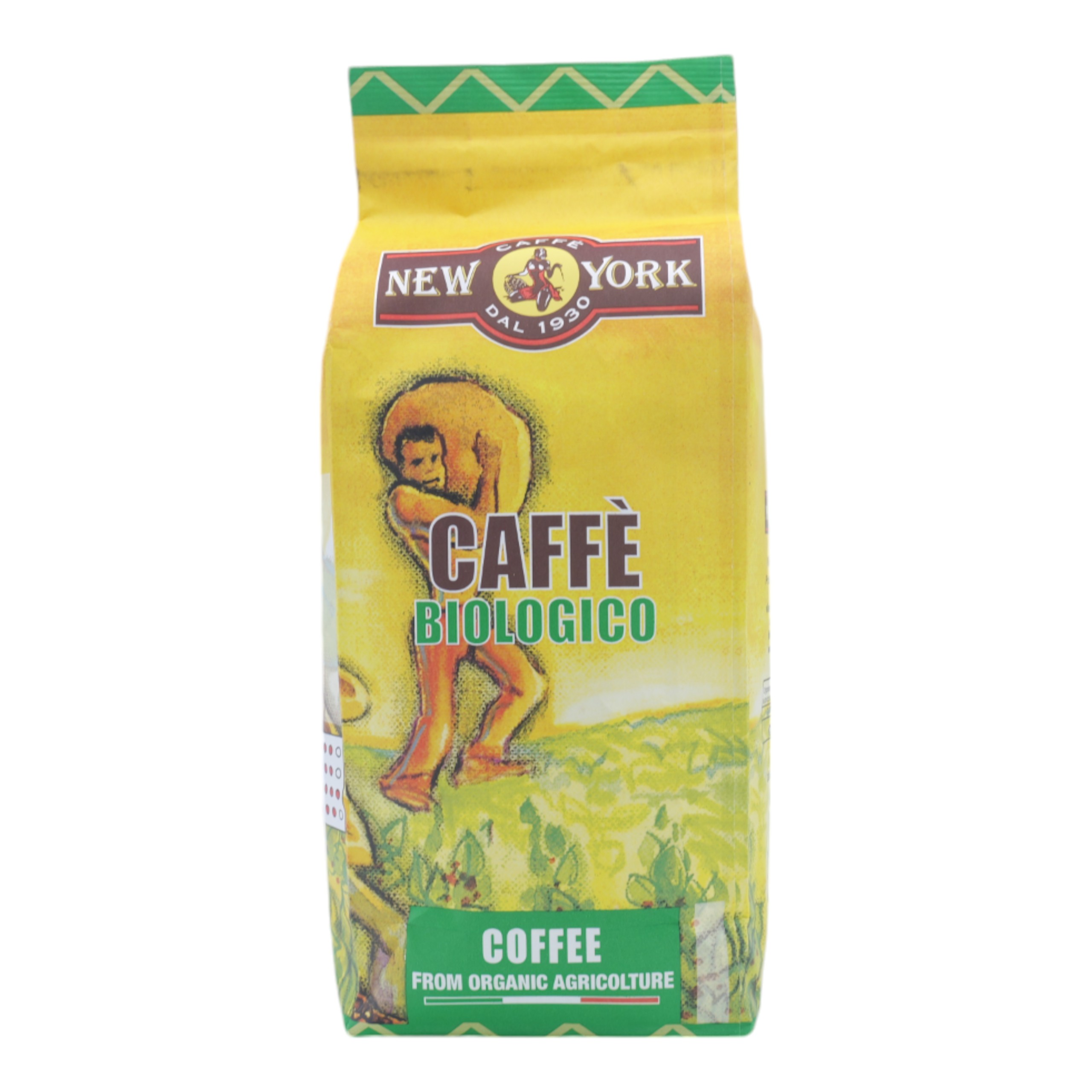 Kaffeetüte, gelb mit einem Mann, der einen anderen Mann trägt. Text: Caffè Biologico, New York.