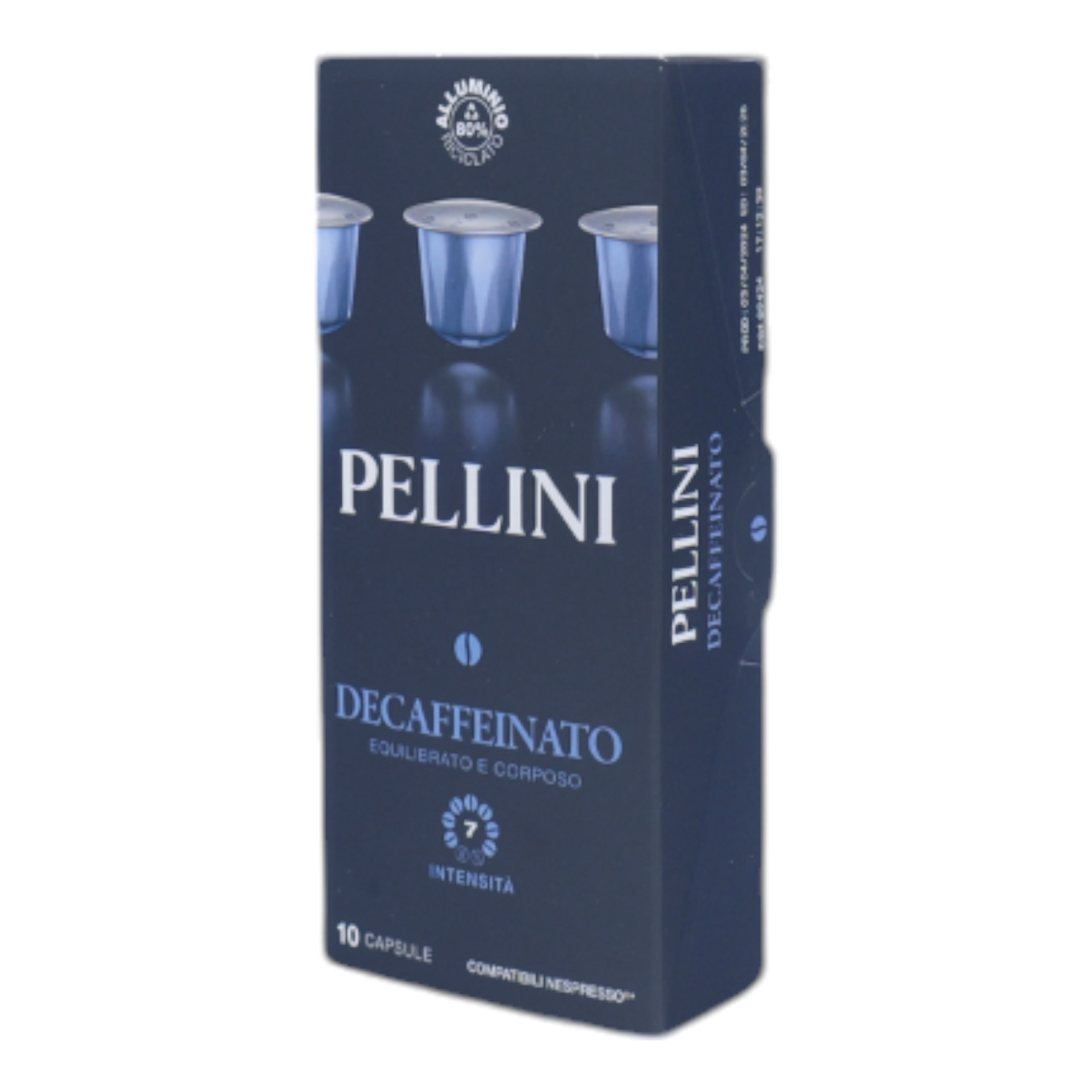 Eine dunkelblaue Schachtel mit Pellini Decaffeinato Kaffeekapseln, mit Markennamen und Produktdetails.