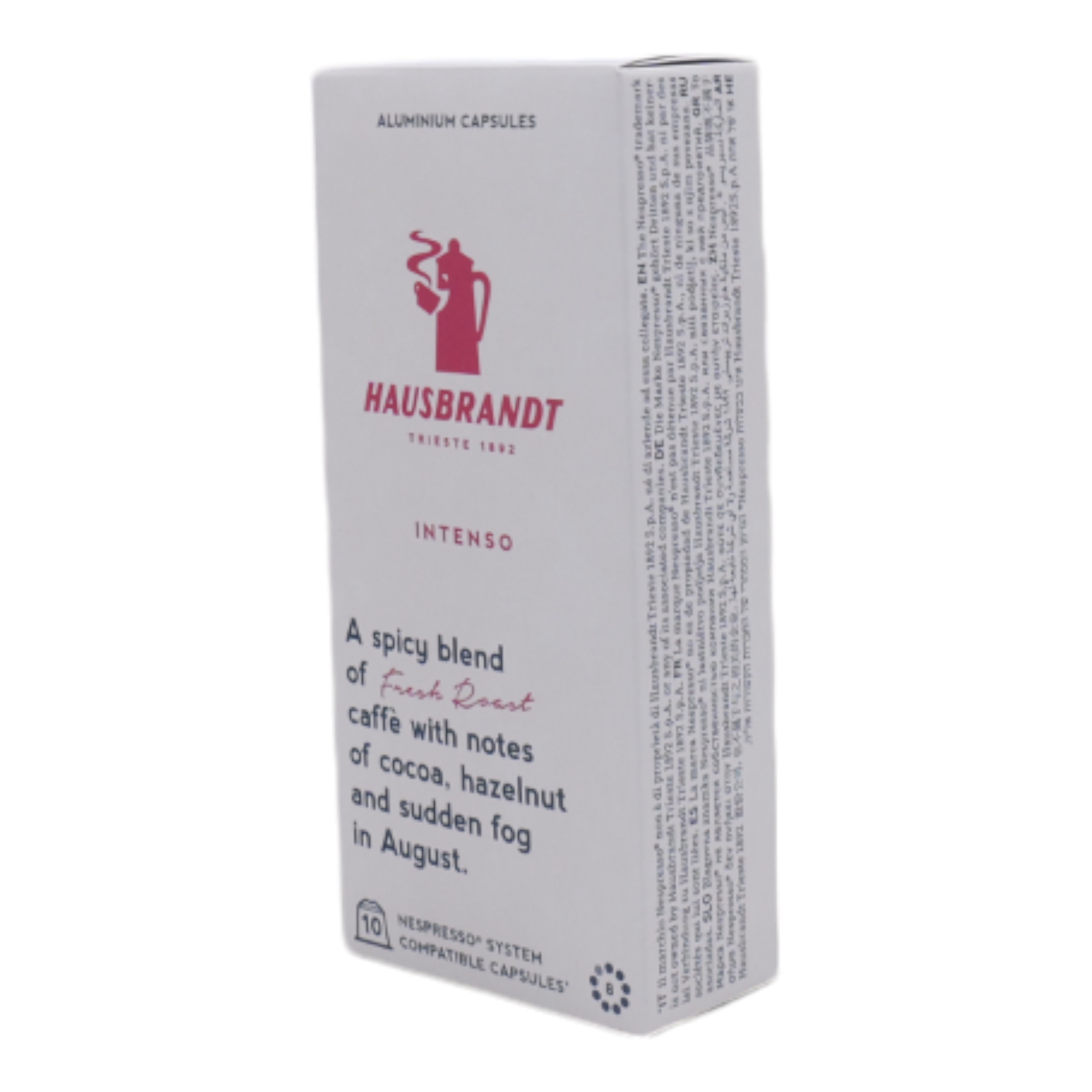 Weiße und schwarze Kaffeekapselbox mit Text und Logo.