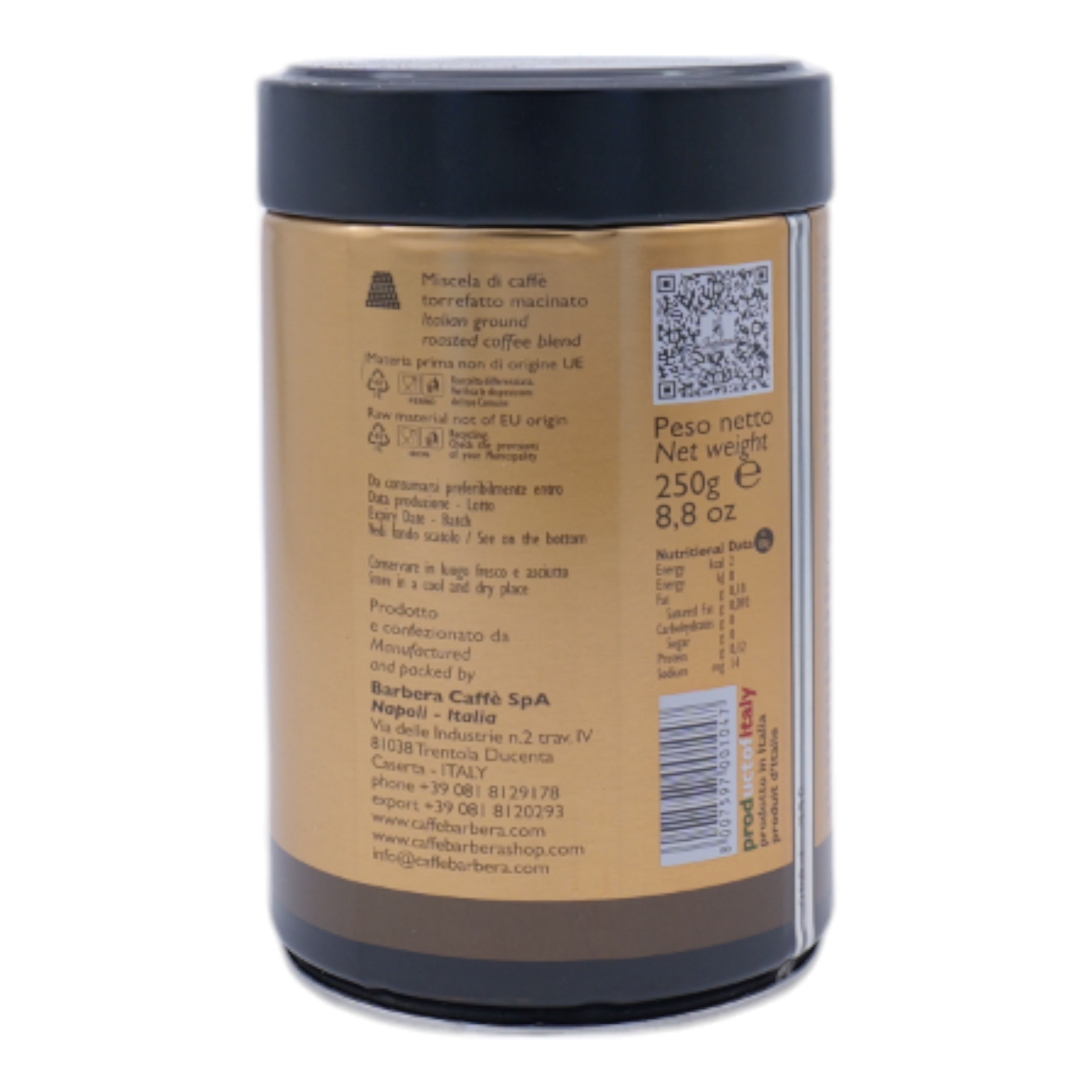 Kaffeedose mit italienischem Text. Dose braun-gold, schwarzer Deckel.