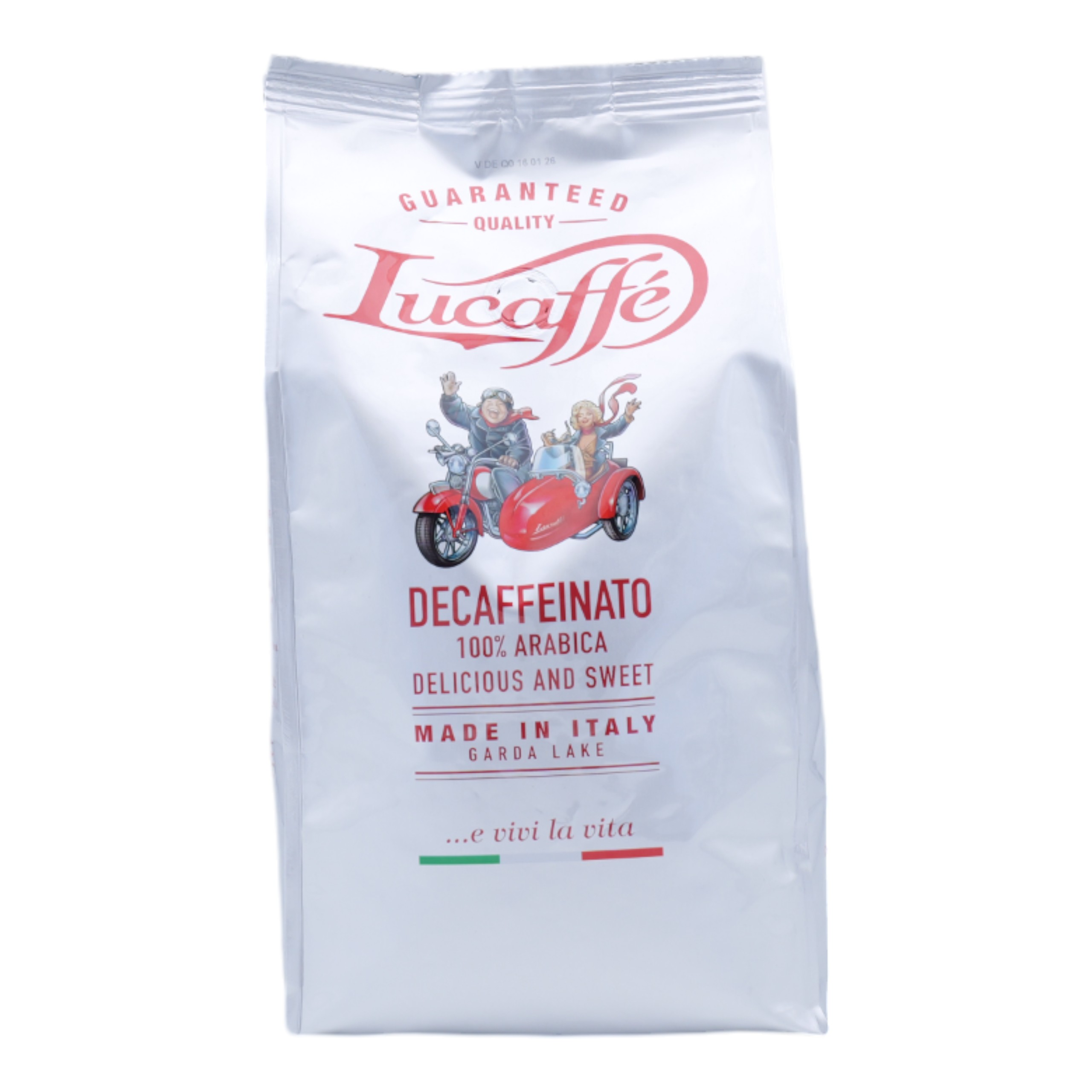 Eine Packung Lucaffé Decaffeinato Kaffee mit einer Abbildung eines Motorrads mit Beiwagen.
