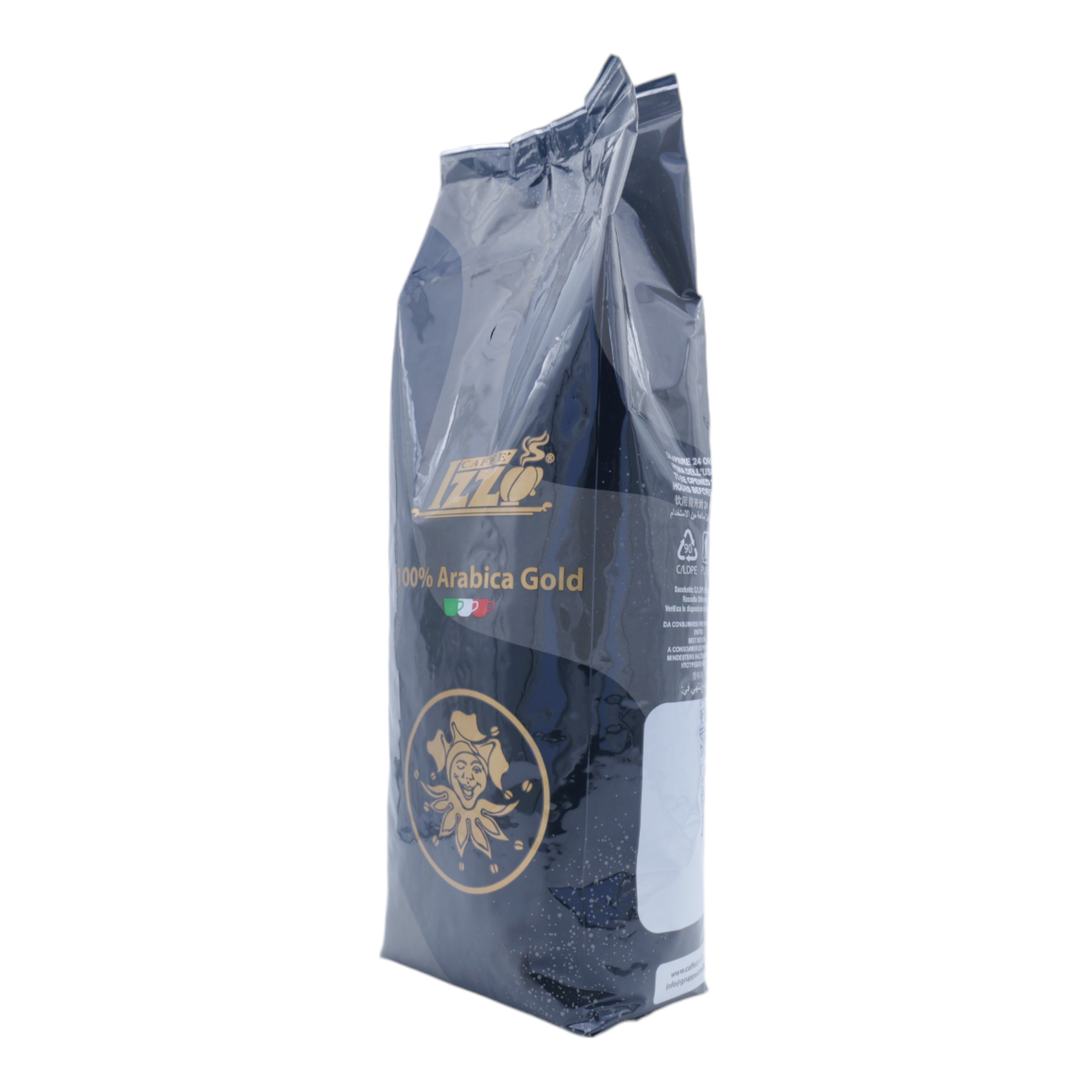 Un sacchetto di caffè blu scuro. Ha il marchio, il tipo di caffè e un logo sul davanti.