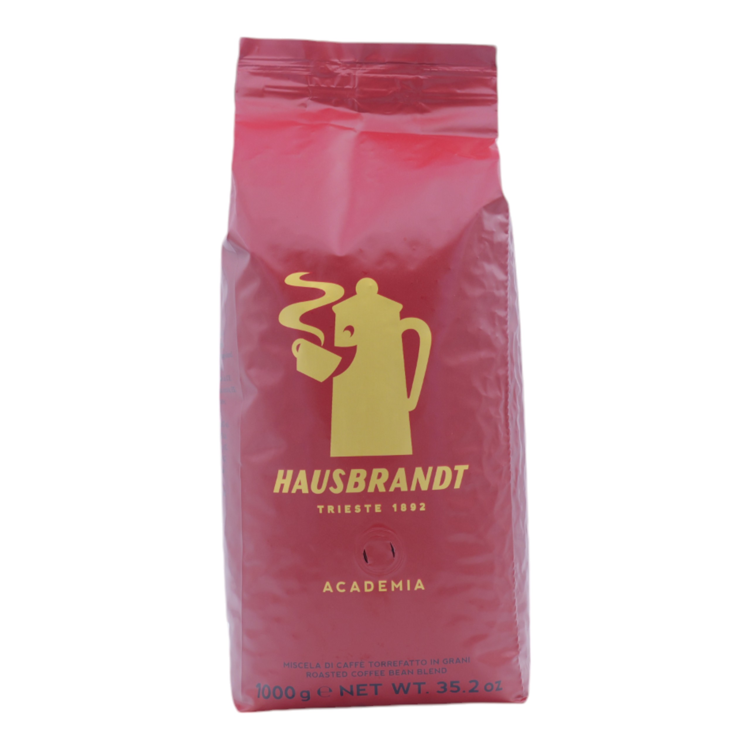 Confezione di caffè con l'etichetta HAUSBRANDT, con un logo giallo. La confezione è rossa e ha il testo Academia.