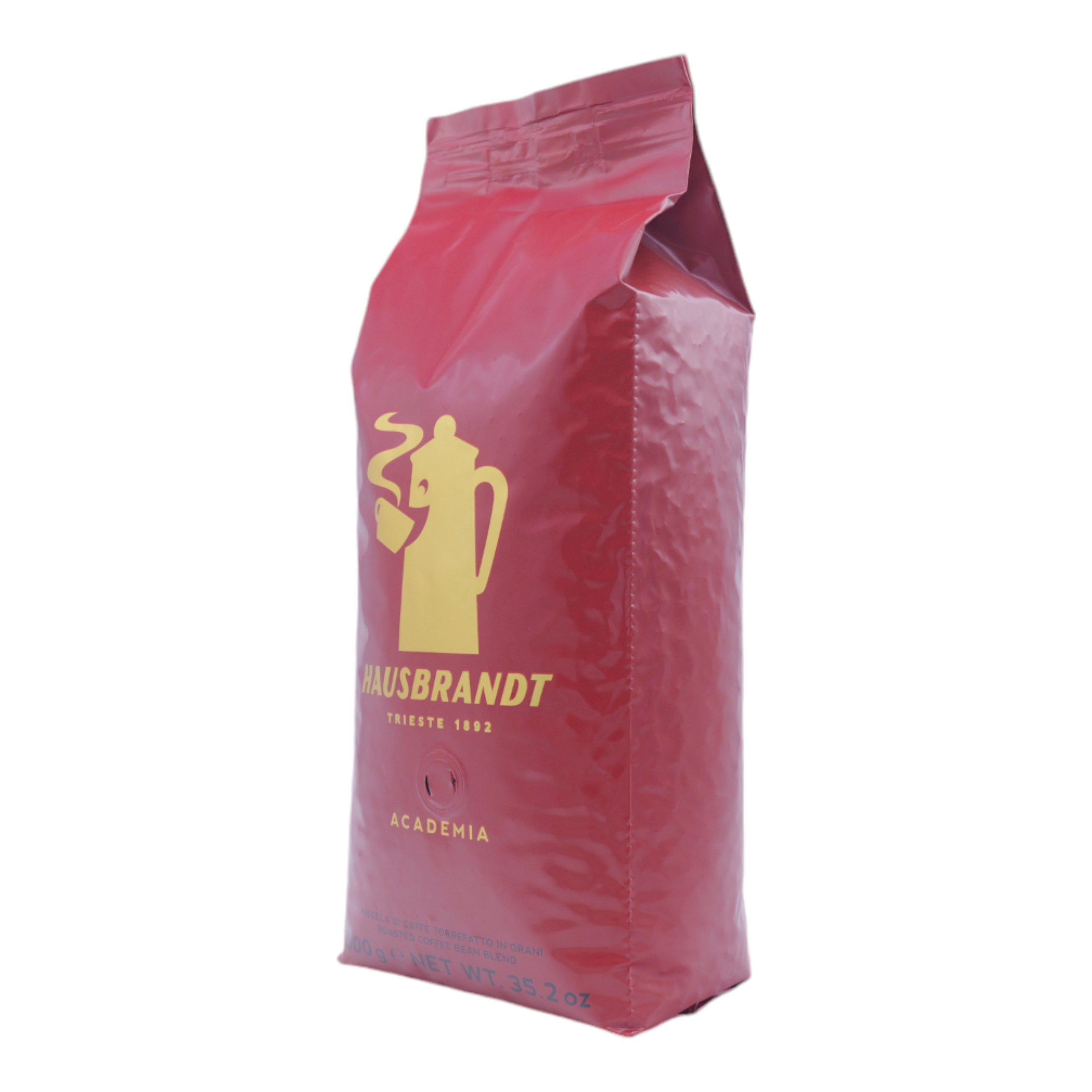 Sacchetto di chicchi di caffè rosso con logo dorato. Valvola e testo "ACADEMIA", "HAUSBRANDT TRIESTE".