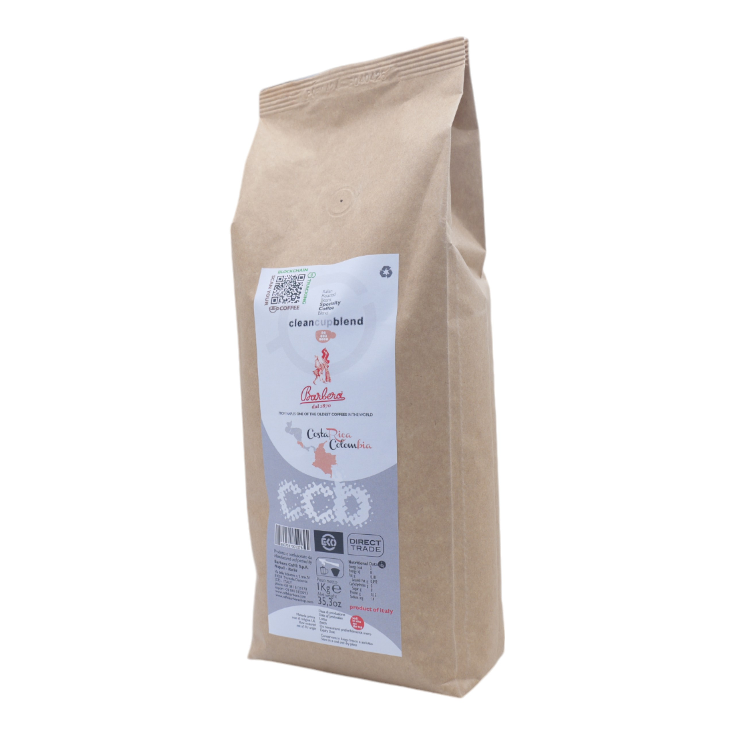 Braune Papiertüte mit Kaffee, Text und Barcode.