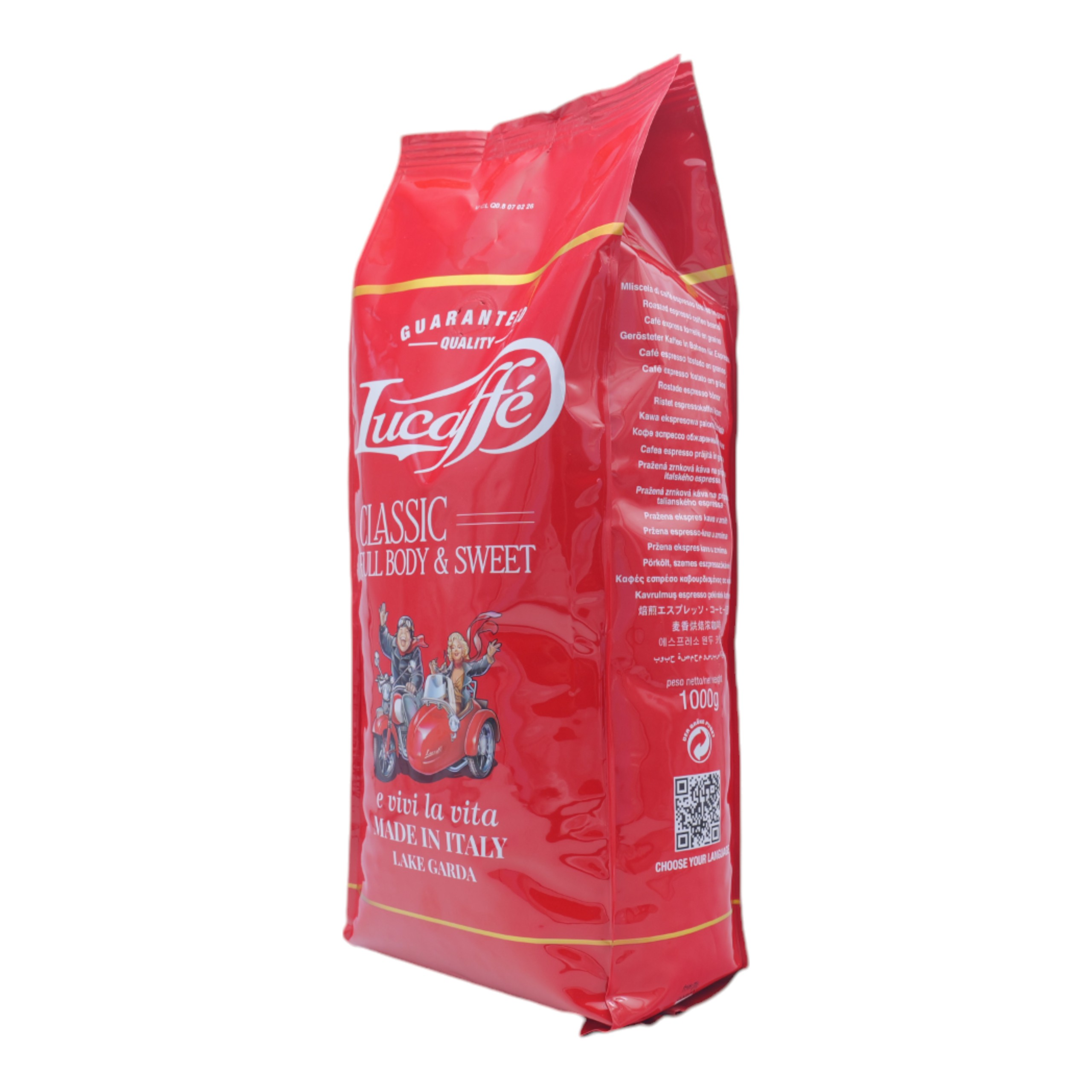 Sacchetto di caffè Lucaffe rosso con illustrazione scooter. Contiene 1000g di caffè.