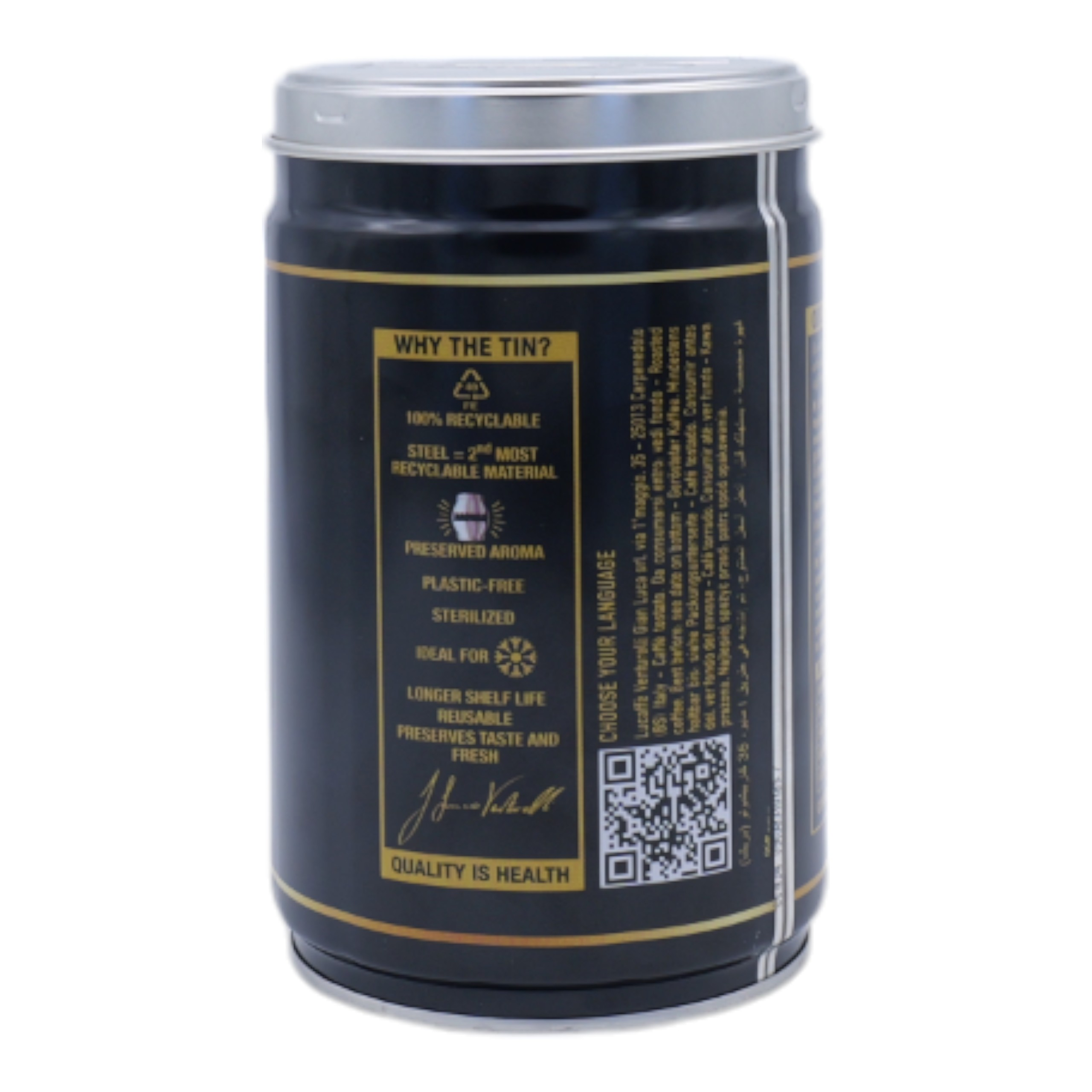 Rückseite einer schwarzen Kaffeedose. Enthält Text, einen QR-Code und einen silbernen Deckel.