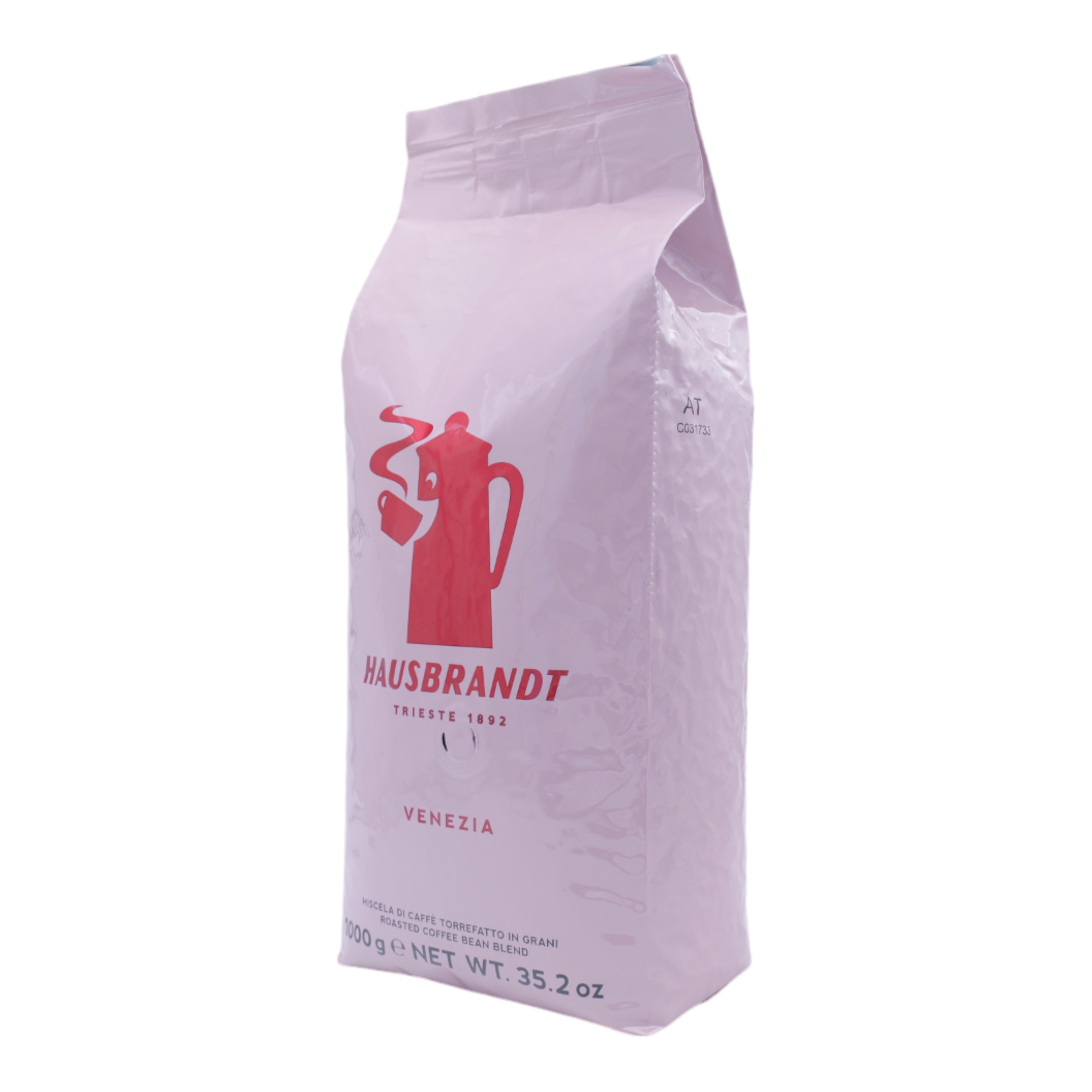 Un sacchetto di caffè rosa con immagine e testo rossi. Marchio e tipo di caffè sono visibili.