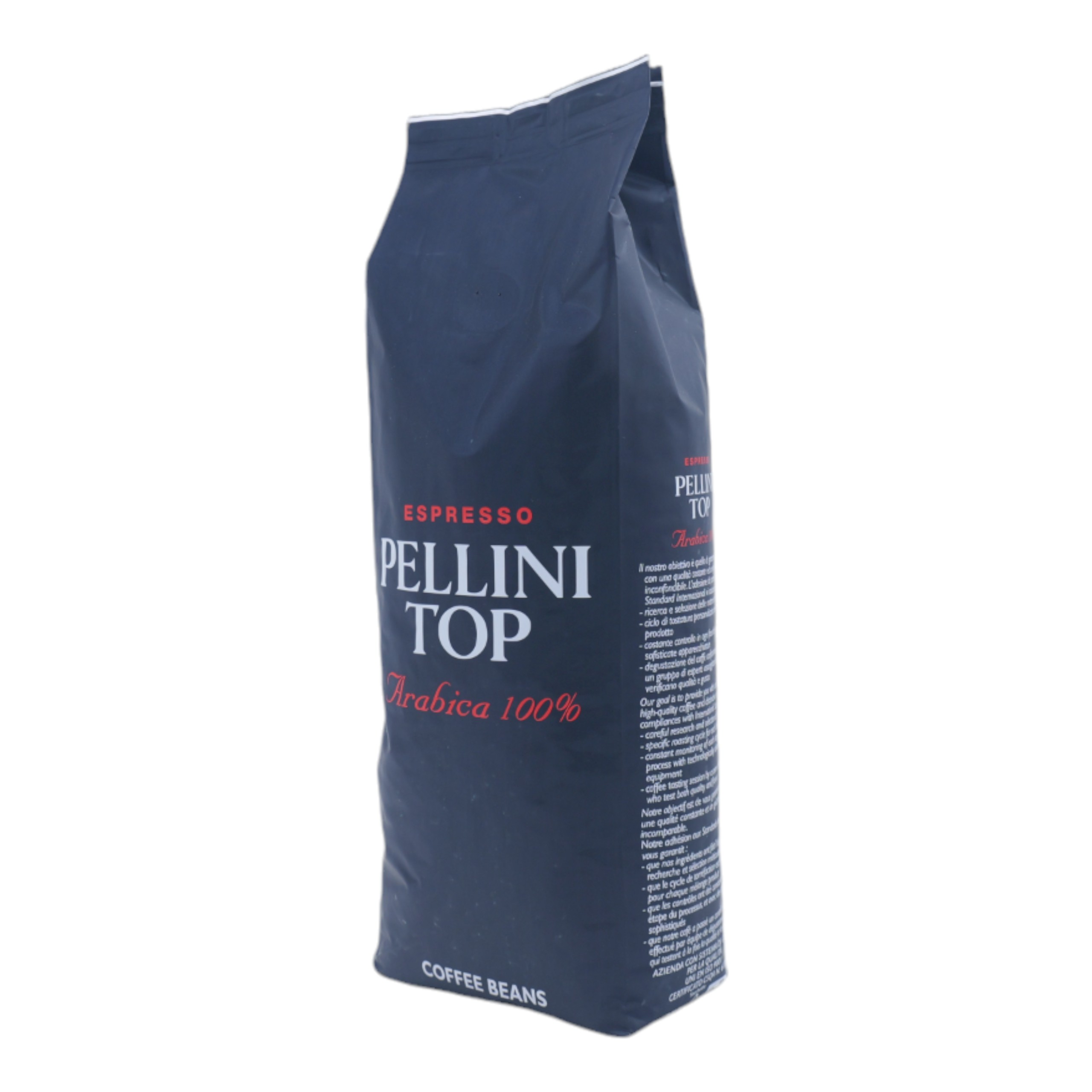 Eine Tüte Kaffeebohnen mit dem Pellini Top Arabica Logo. Die Tüte ist marineblau. Weißer Hintergrund.
