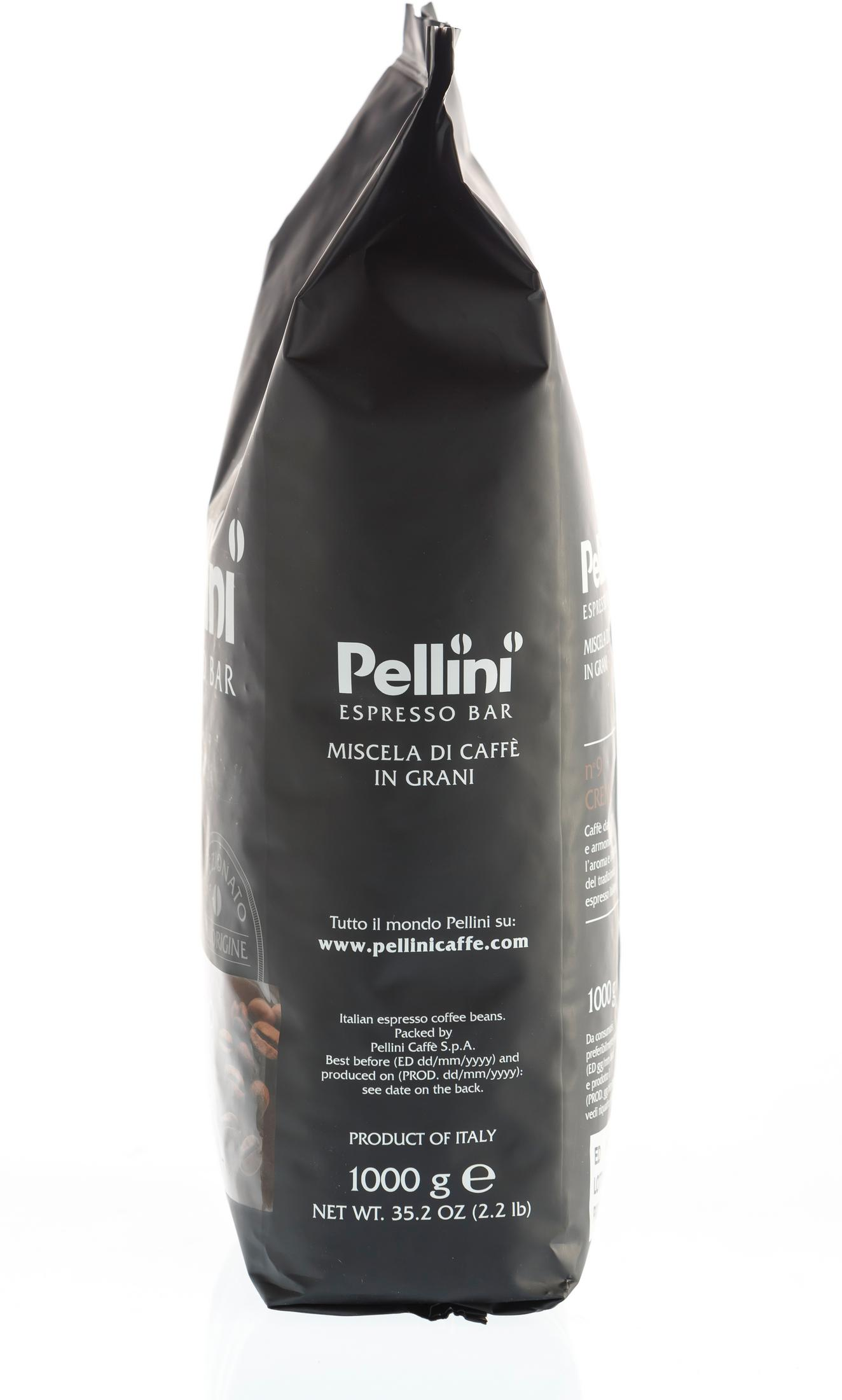 Rückseite der Pellini Espresso Bar Kaffeetüte. Enthält Text und Produktdetails.