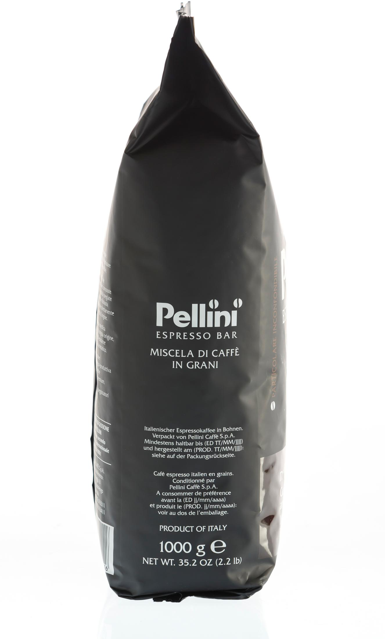 Rückseite der Pellini Espresso Bar Kaffeetüte. Enthält Text und Produktinformationen.