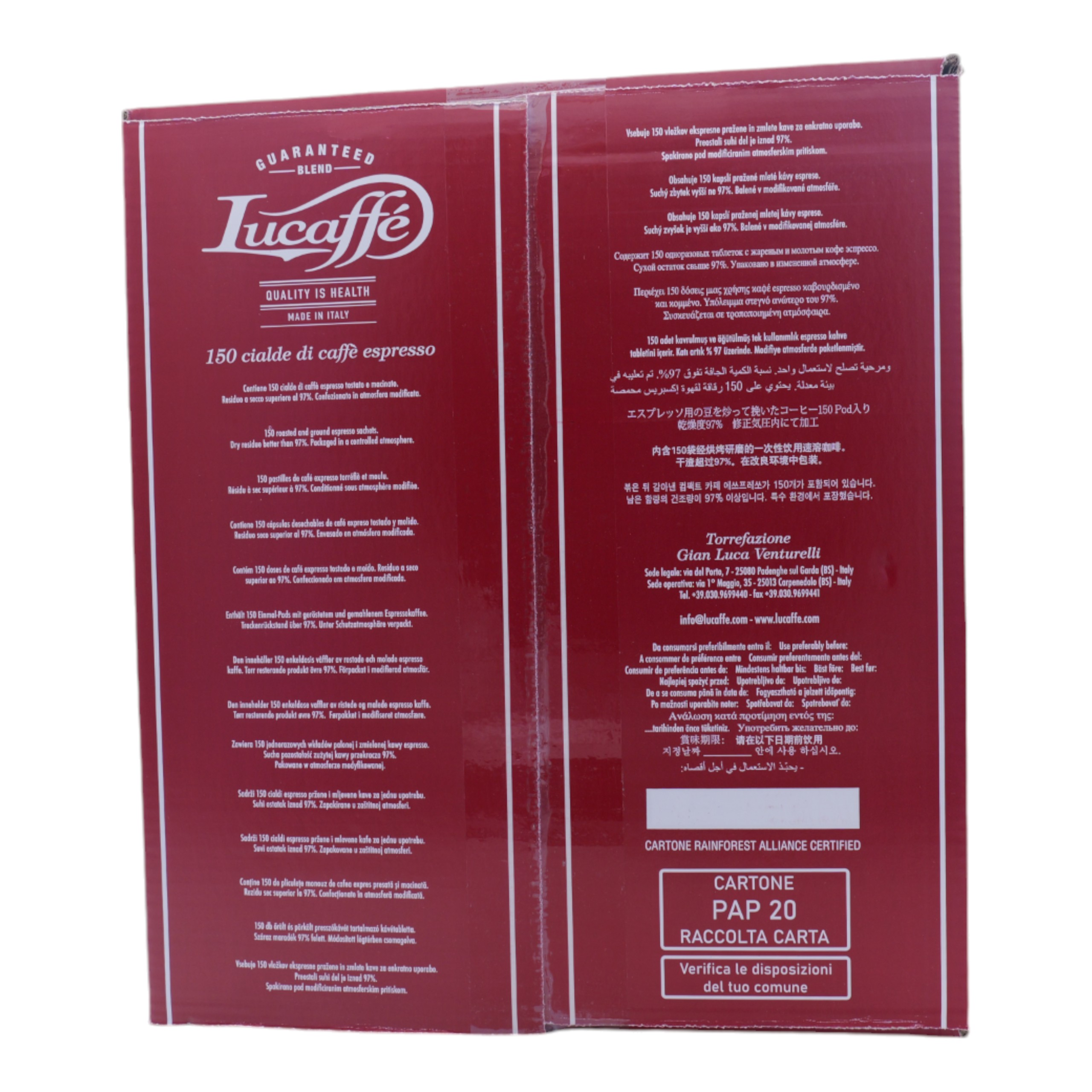 Ein roter Kaffeebeutel mit Text und Etikett. Der Beutel hat mehrere Sprachen und Details.