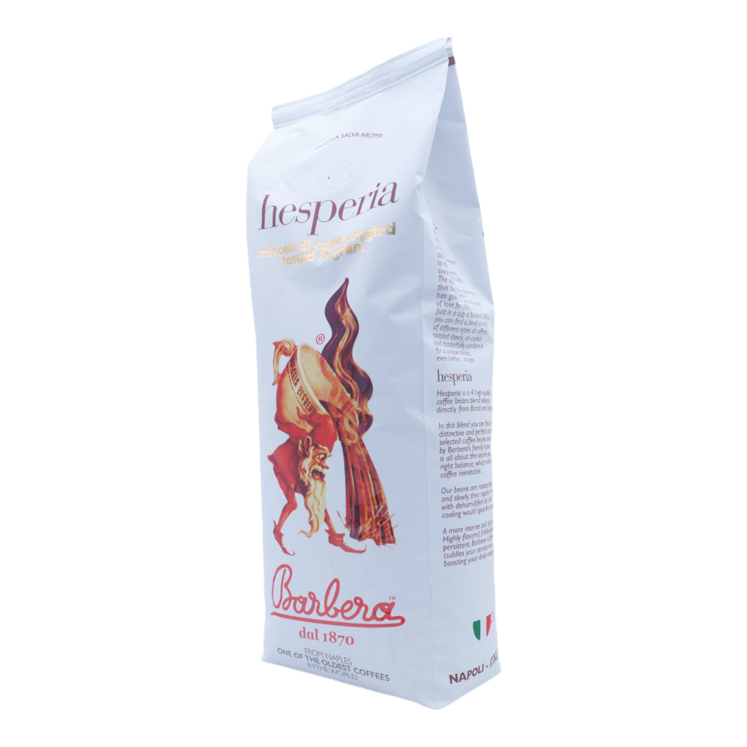 Ein weißer Kaffeepackung von Barbera Hesperia, mit einer Zeichnung einer Person und italienischem Text.