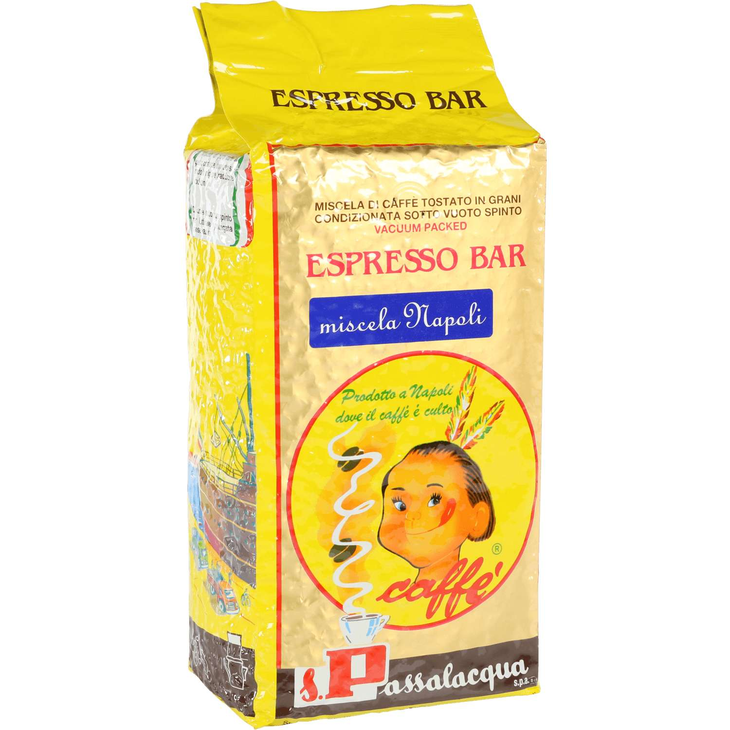 Ein gelber Espresso Bar Kaffeebeutel. Text auf Italienisch und eine Zeichnung eines lächelnden Kochs.