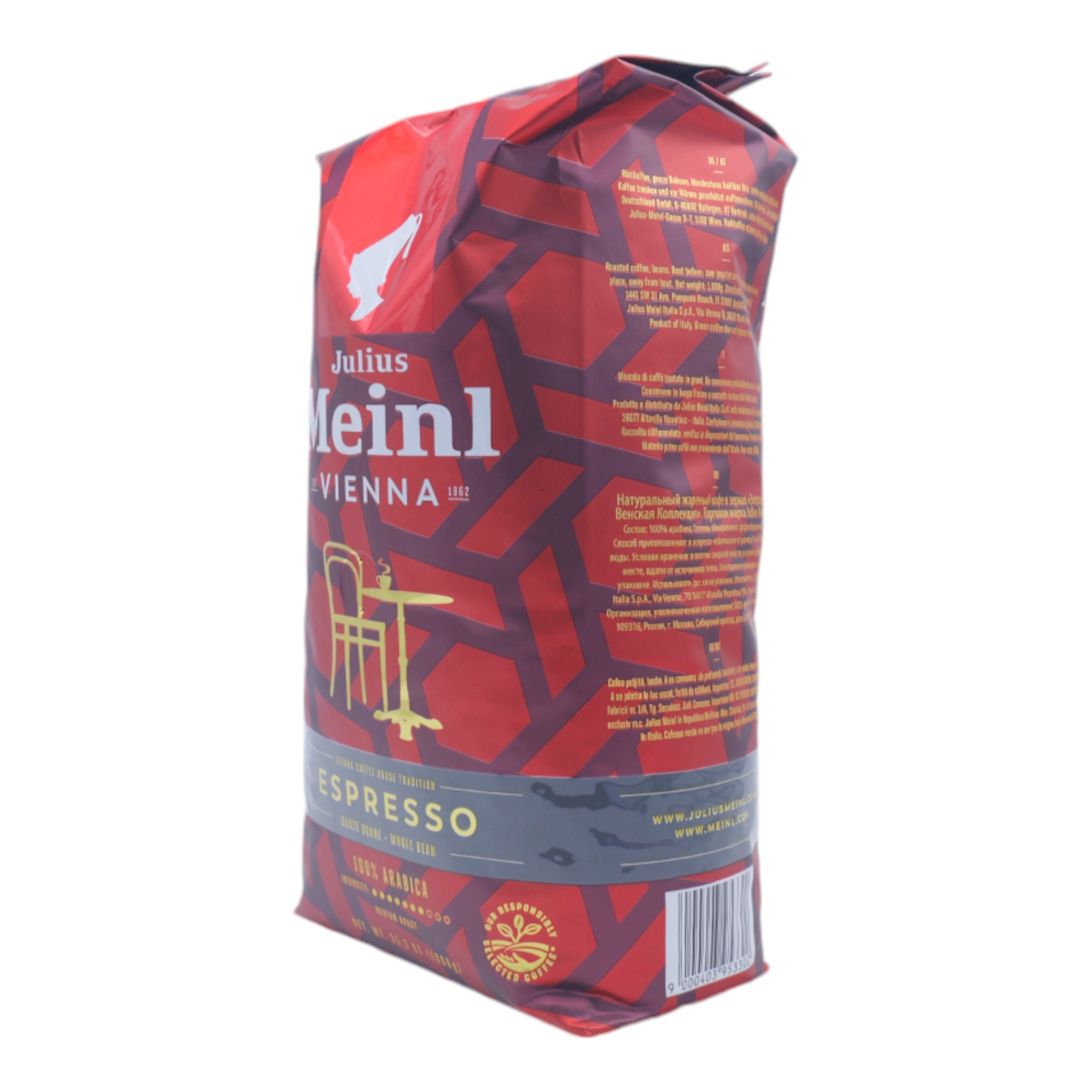 Sacchetto di caffè rosso e bianco. Mostra il marchio "Julius Meinl Vienna" e testo.