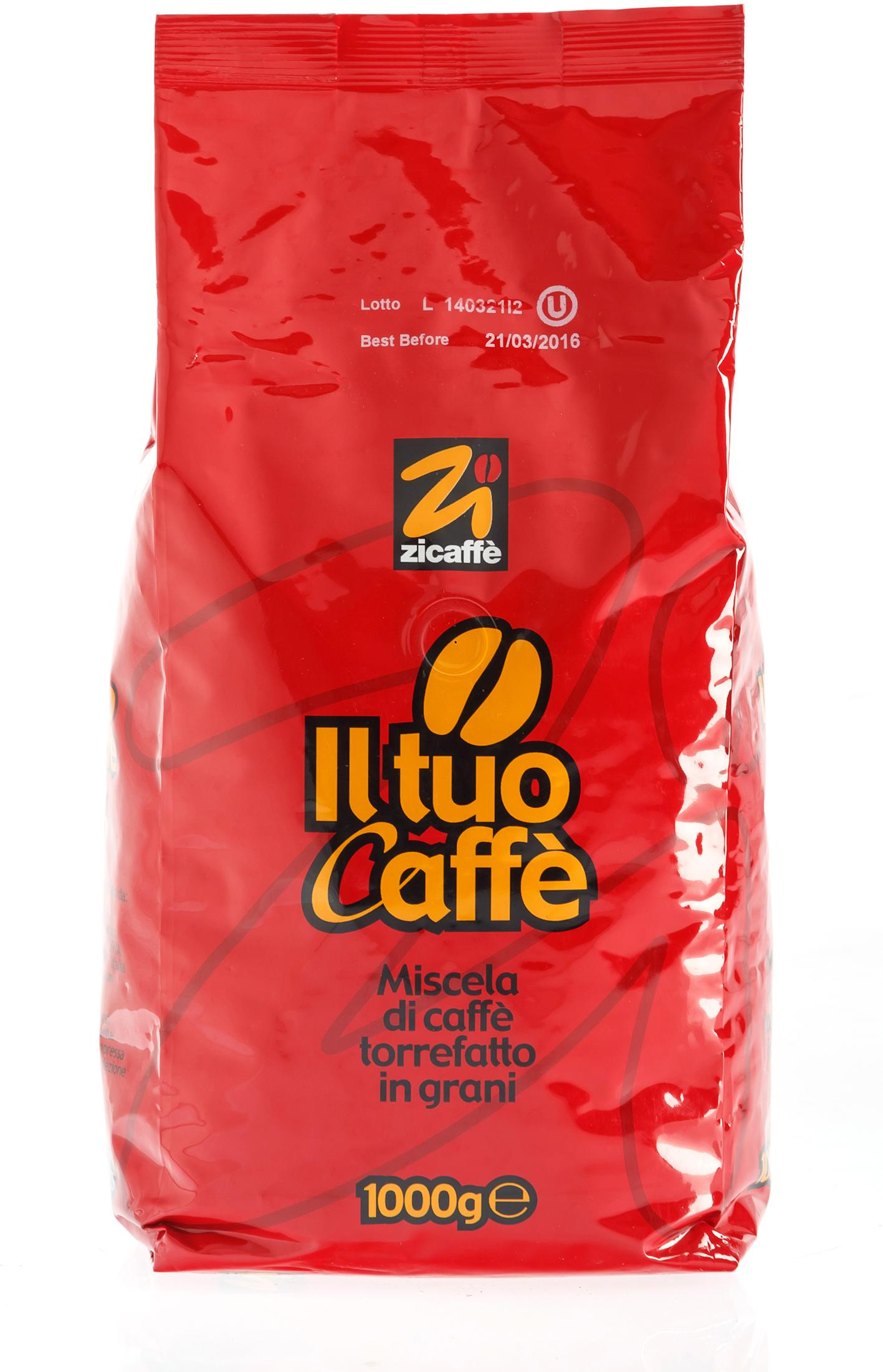 Sacchetto rosso di caffè Zicaffè con testo e illustrazione chicco. Contiene 1000g.