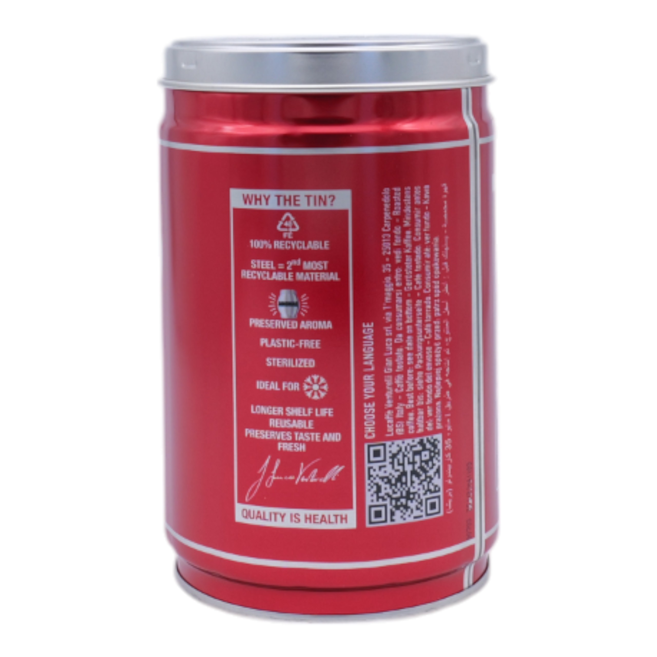 Rote Dose mit silbernem Deckel, mit Informationen über das Produkt.