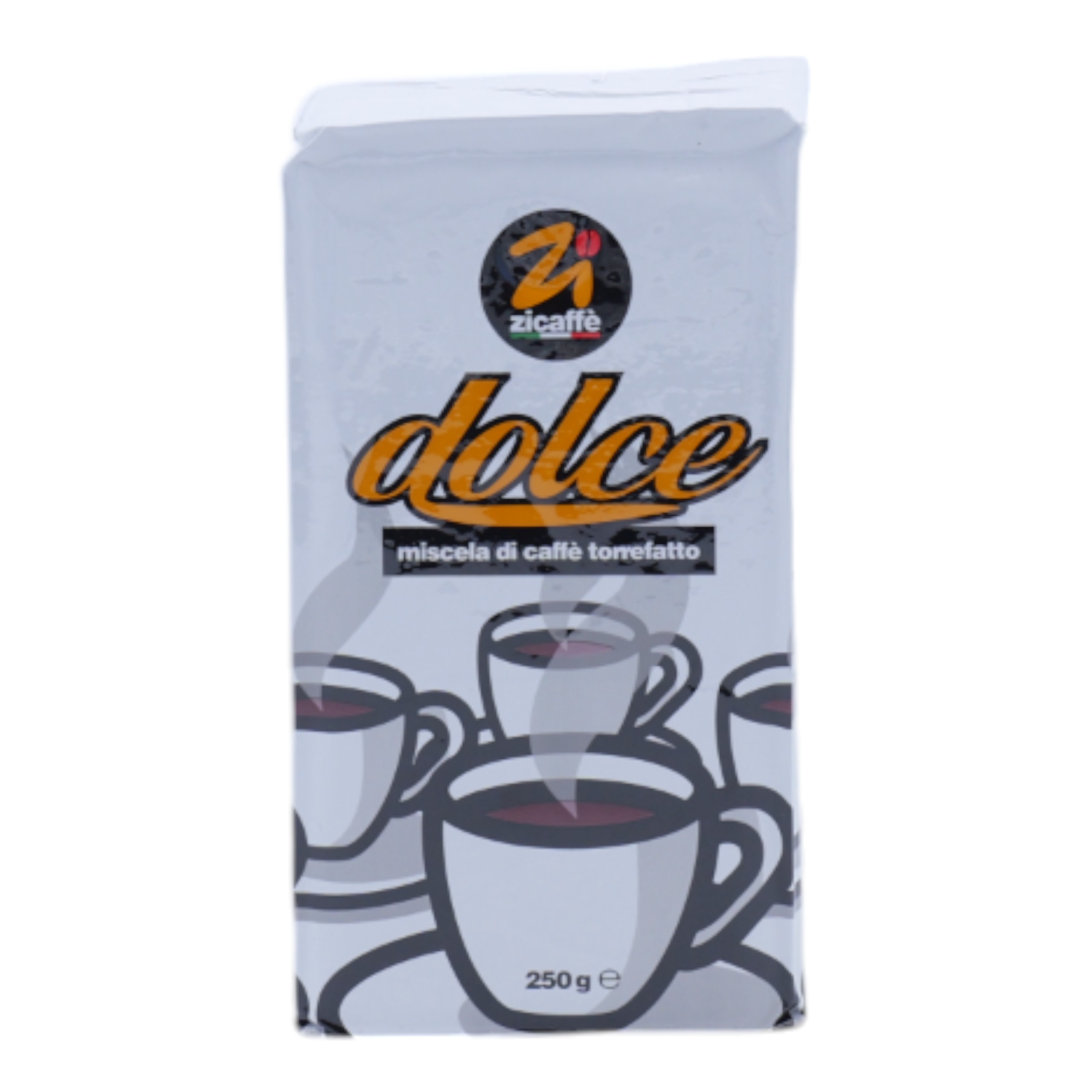 Sacchetto di caffè bianco con disegno di tazze e marchio in corsivo.