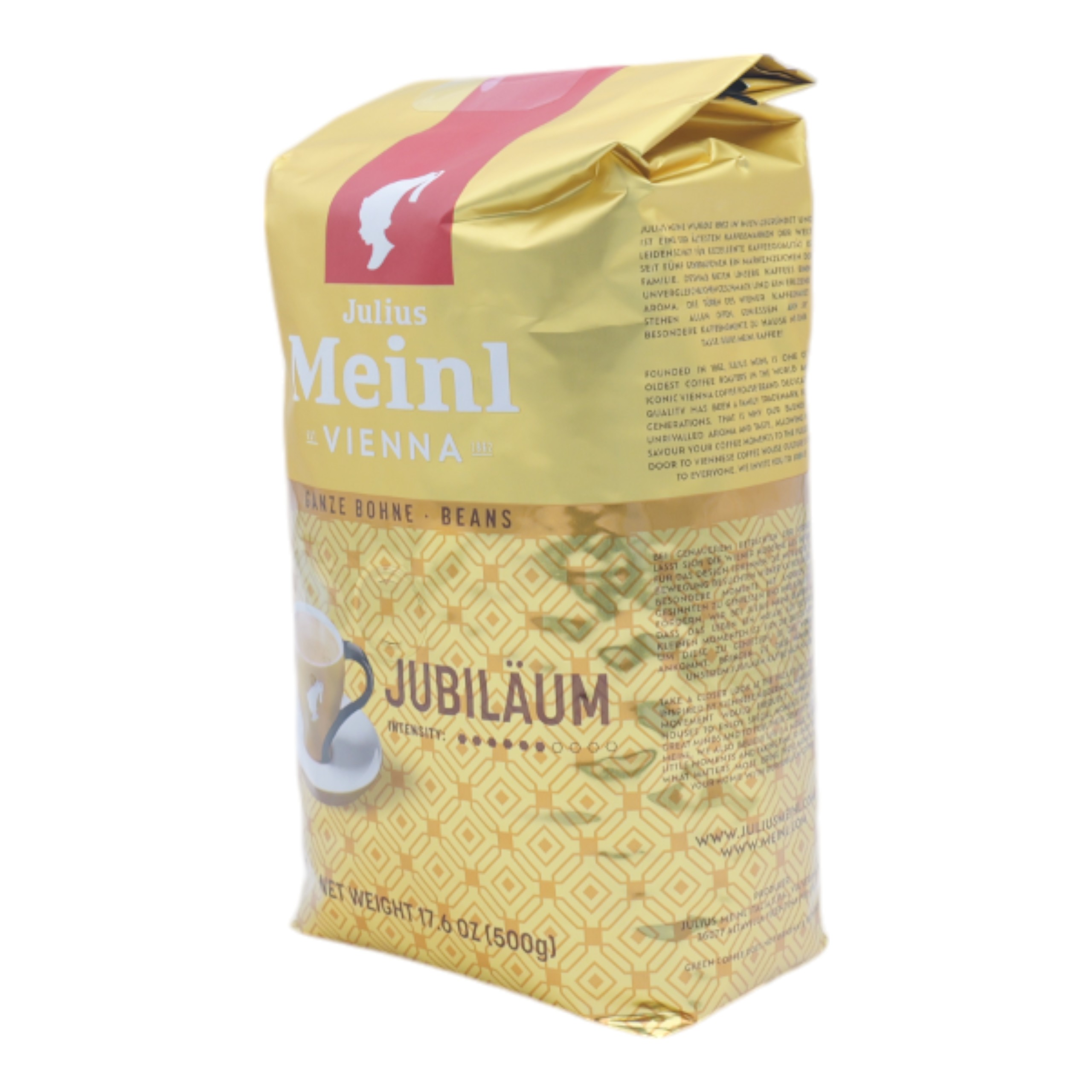 Julius Meinl Kaffeebohnenbeutel, goldfarben mit Text und Logo.