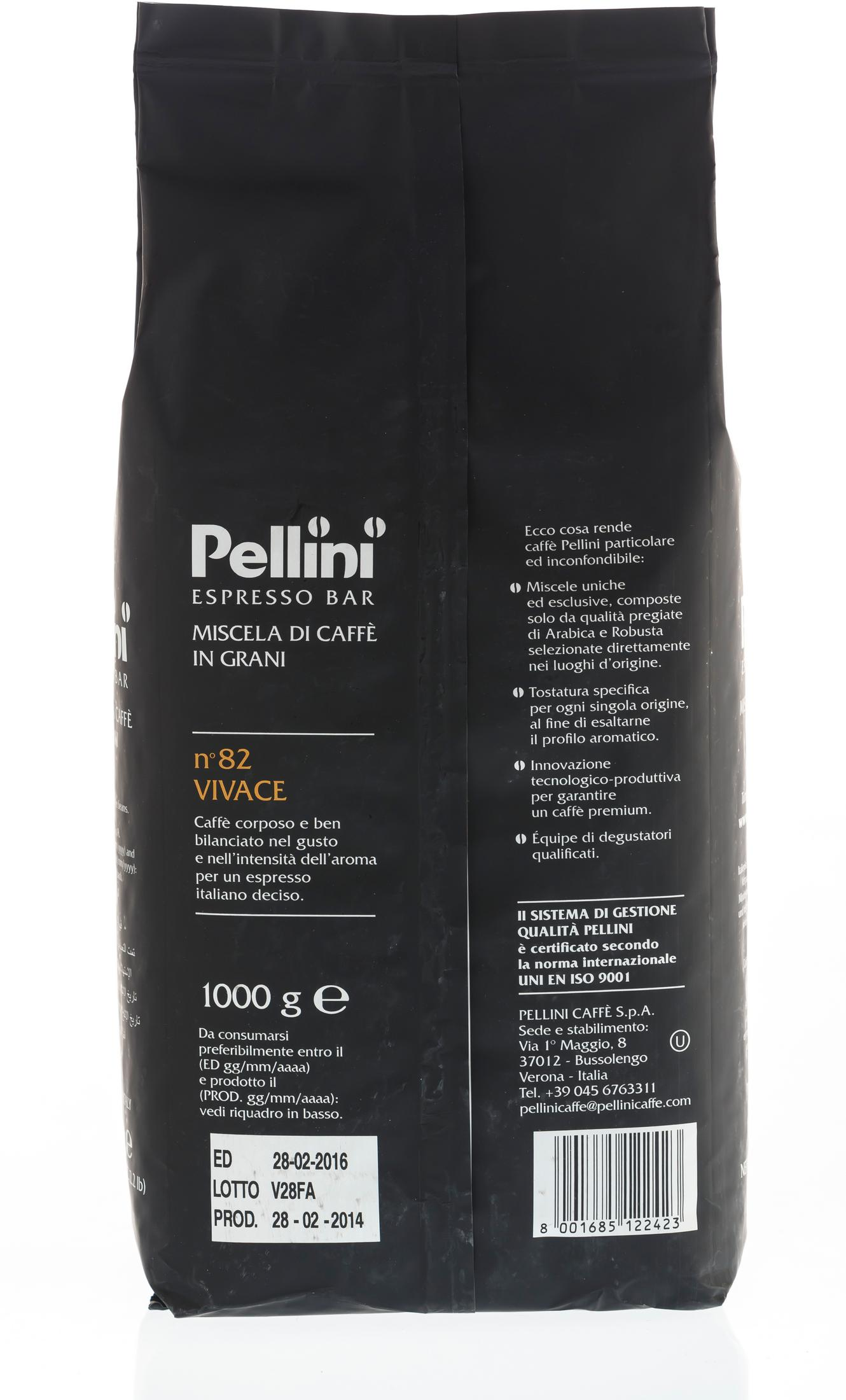 Schwarze Kaffeetüte mit Text. Pellini Espresso Bar, Miscela di Caffè in Grani, n°82 Vivace. 1000 g.