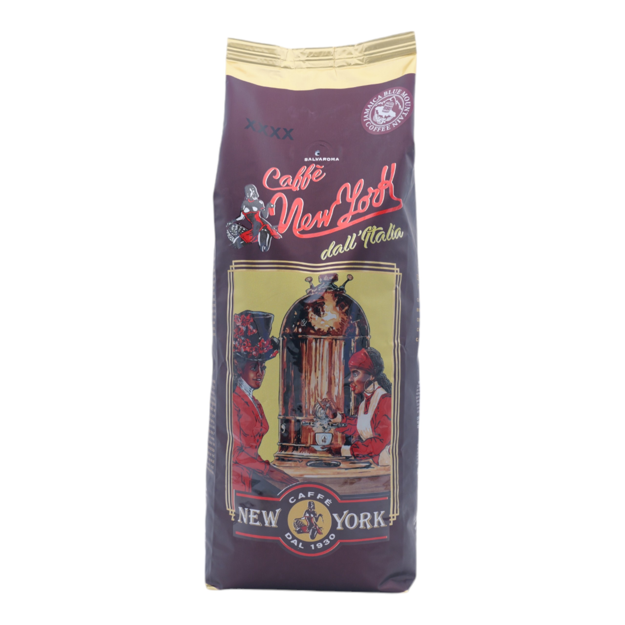 Kaffeetüte, braun. Etikett: Caffe New York, dall'Italia, mit Illustrationen.