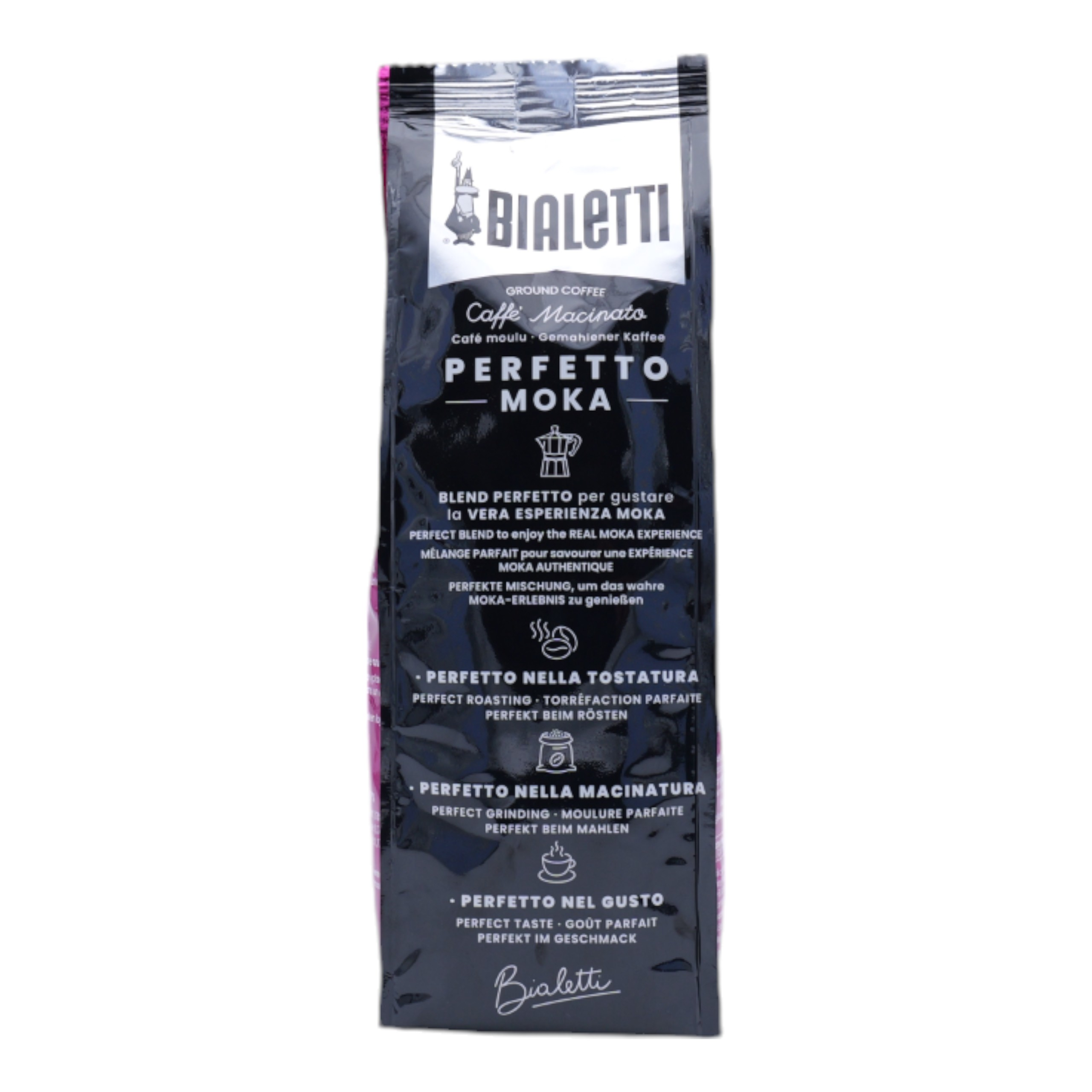 Una confezione di caffè Bialetti "Perfetto Moka" con logo e icone caffè.