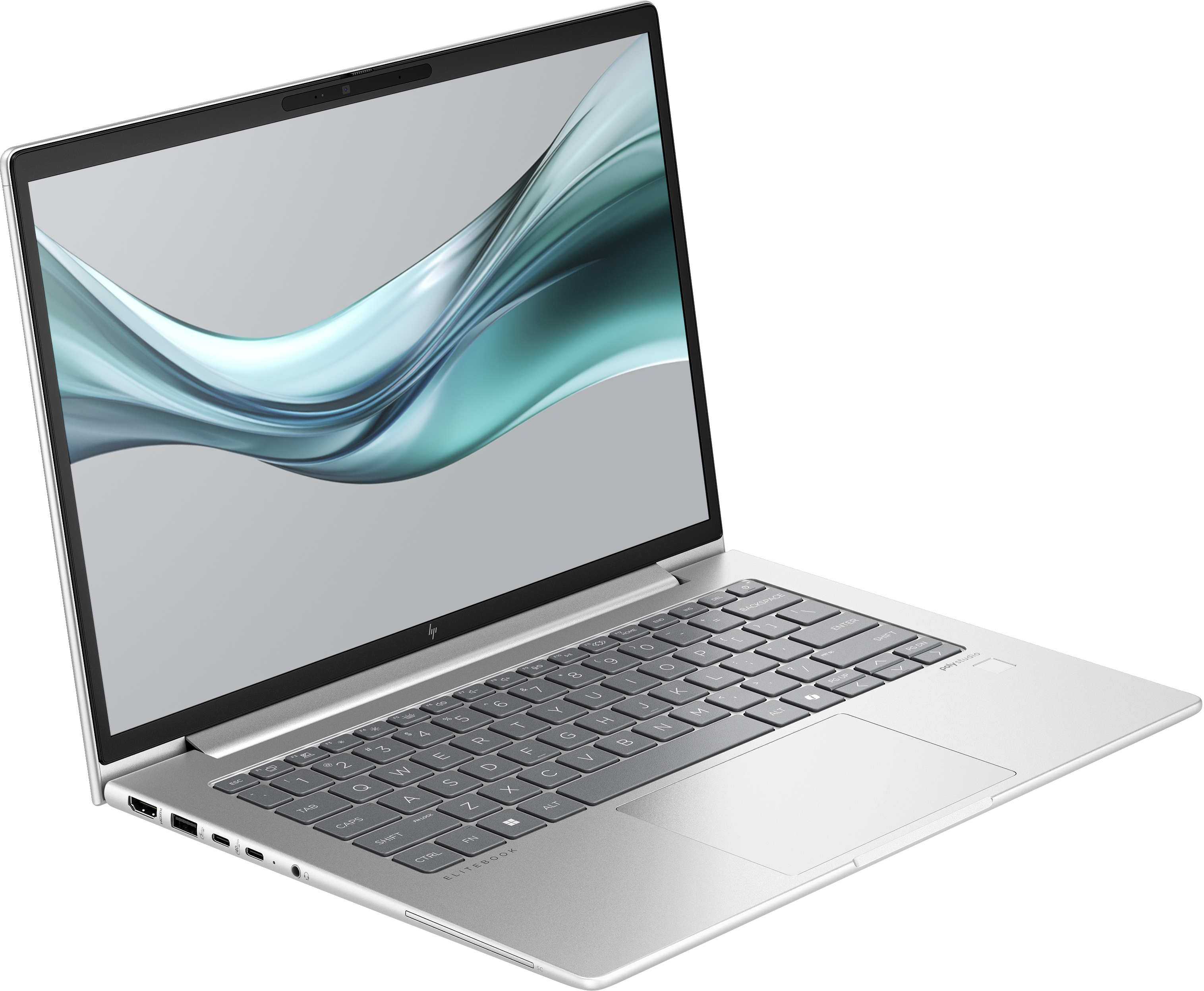 Un laptop argento con schermo grigio aperto su bianco.