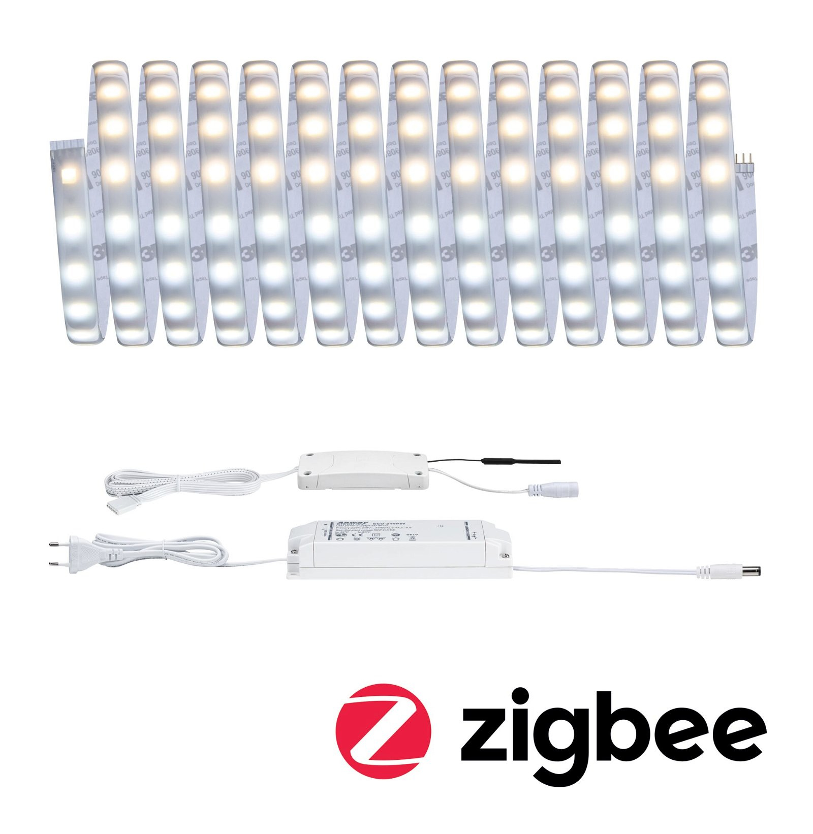 Kolekcja białych pasków LED i zasilaczy z logo Zigbee.