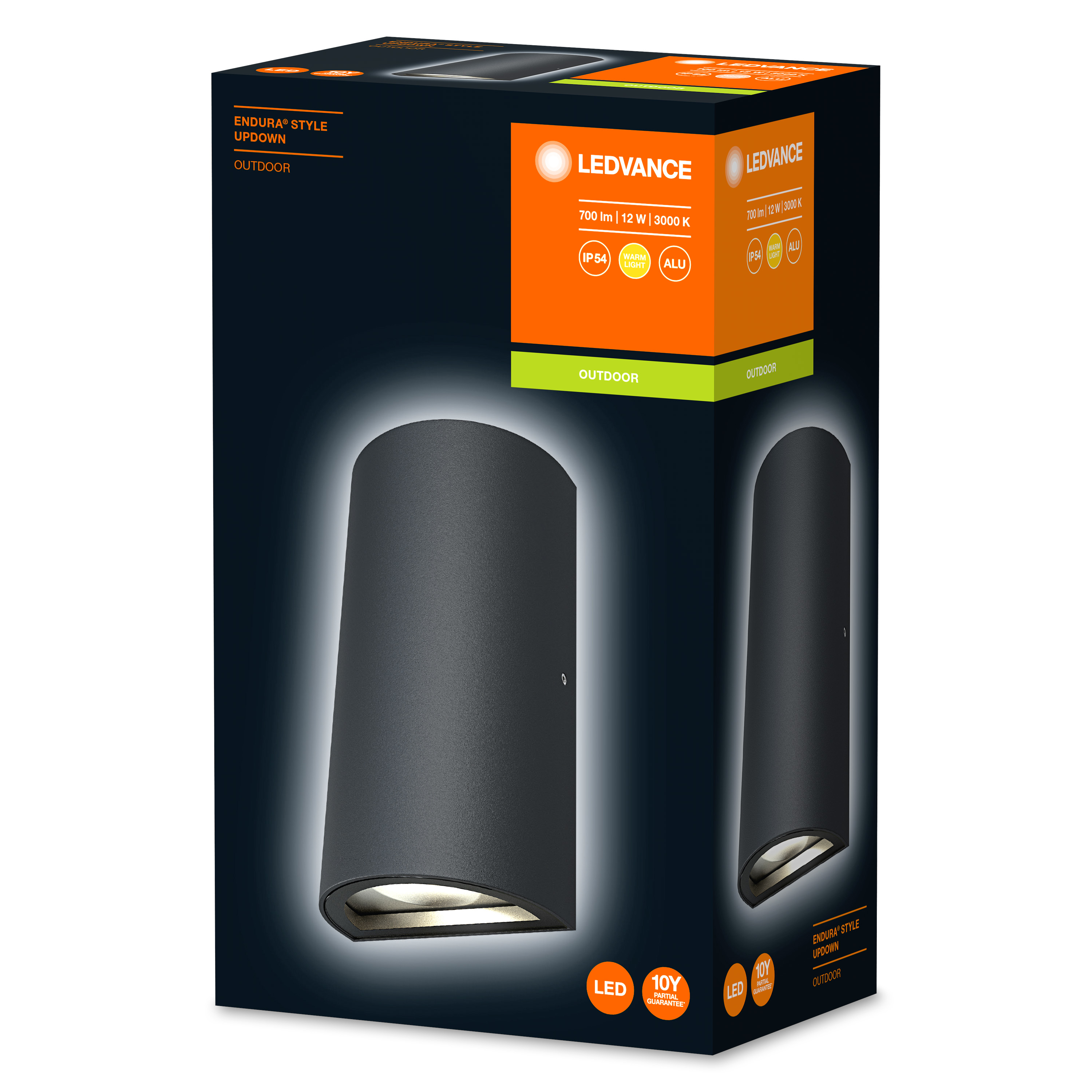 Eine schwarze LEDVANCE Außenwandleuchte in ihrer Verpackung mit Produktdetails.