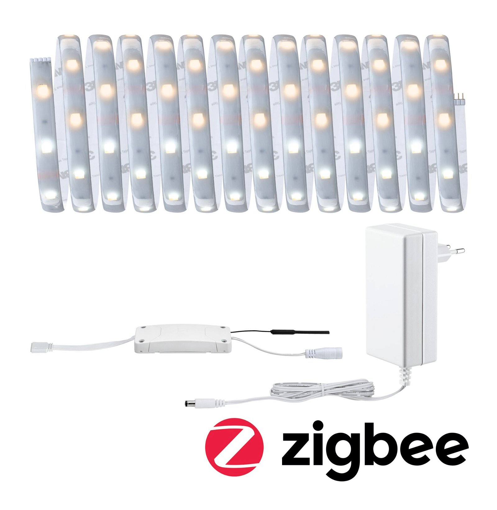 Zestaw pasków LED z zasilaczem, kontrolerem i logo Zigbee na białym tle.